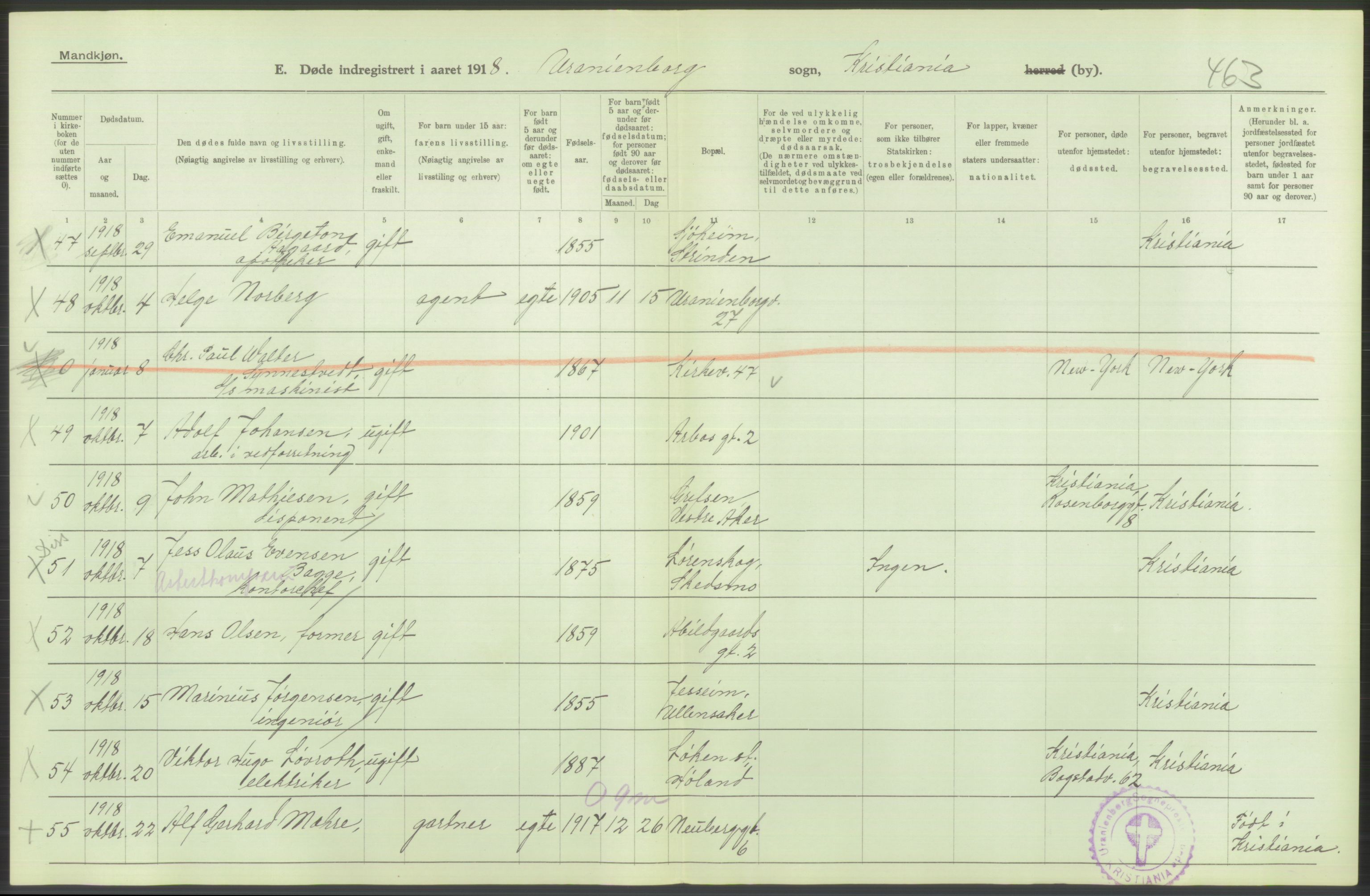 Statistisk sentralbyrå, Sosiodemografiske emner, Befolkning, AV/RA-S-2228/D/Df/Dfb/Dfbh/L0010: Kristiania: Døde, 1918, p. 200