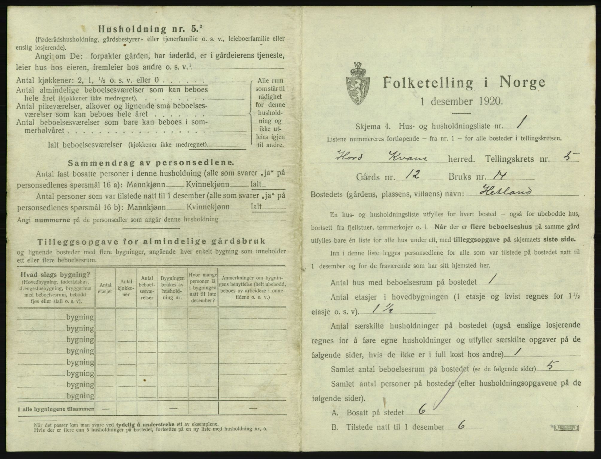 SAB, 1920 census for Kvam, 1920, p. 390