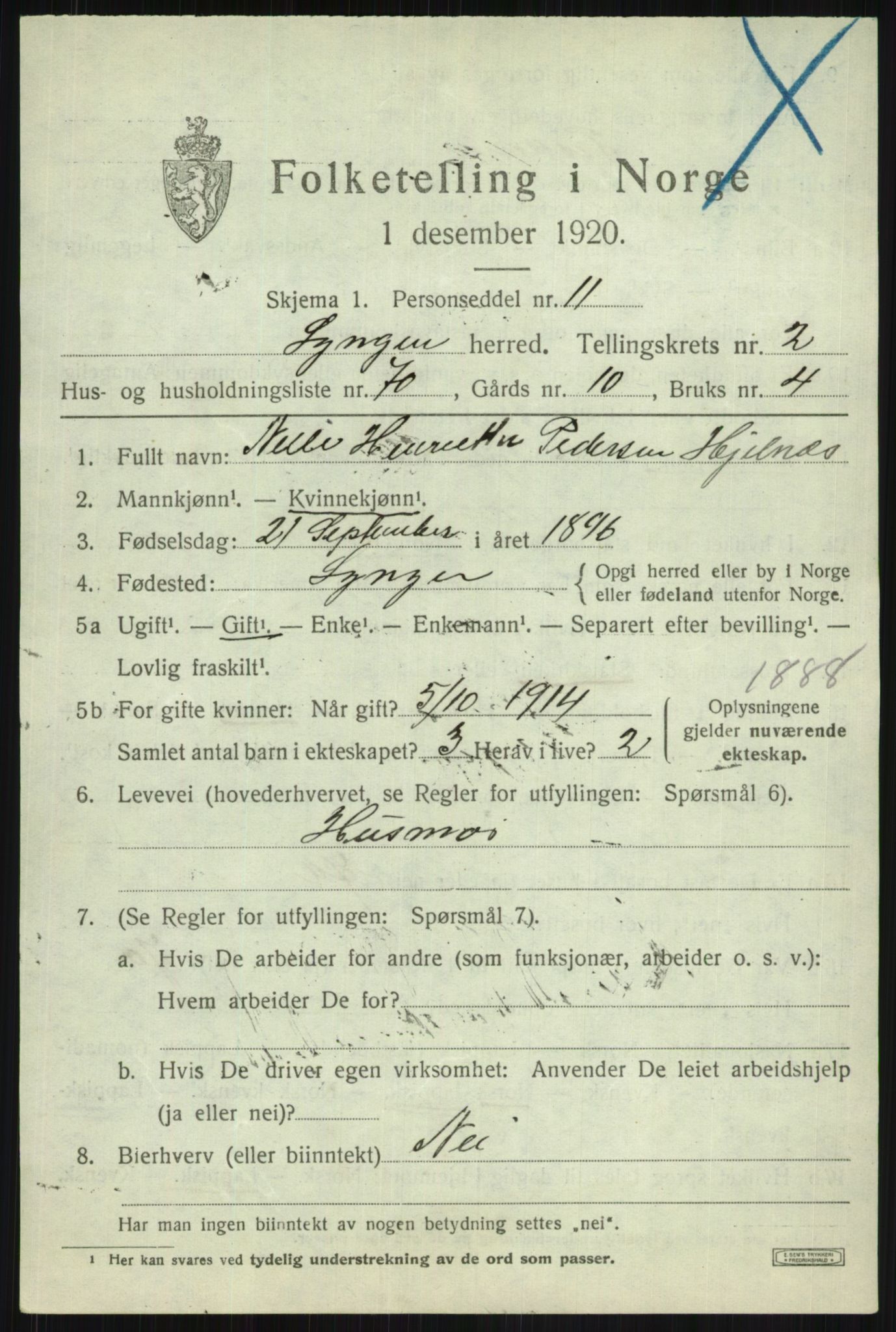SATØ, 1920 census for Lyngen, 1920, p. 3485