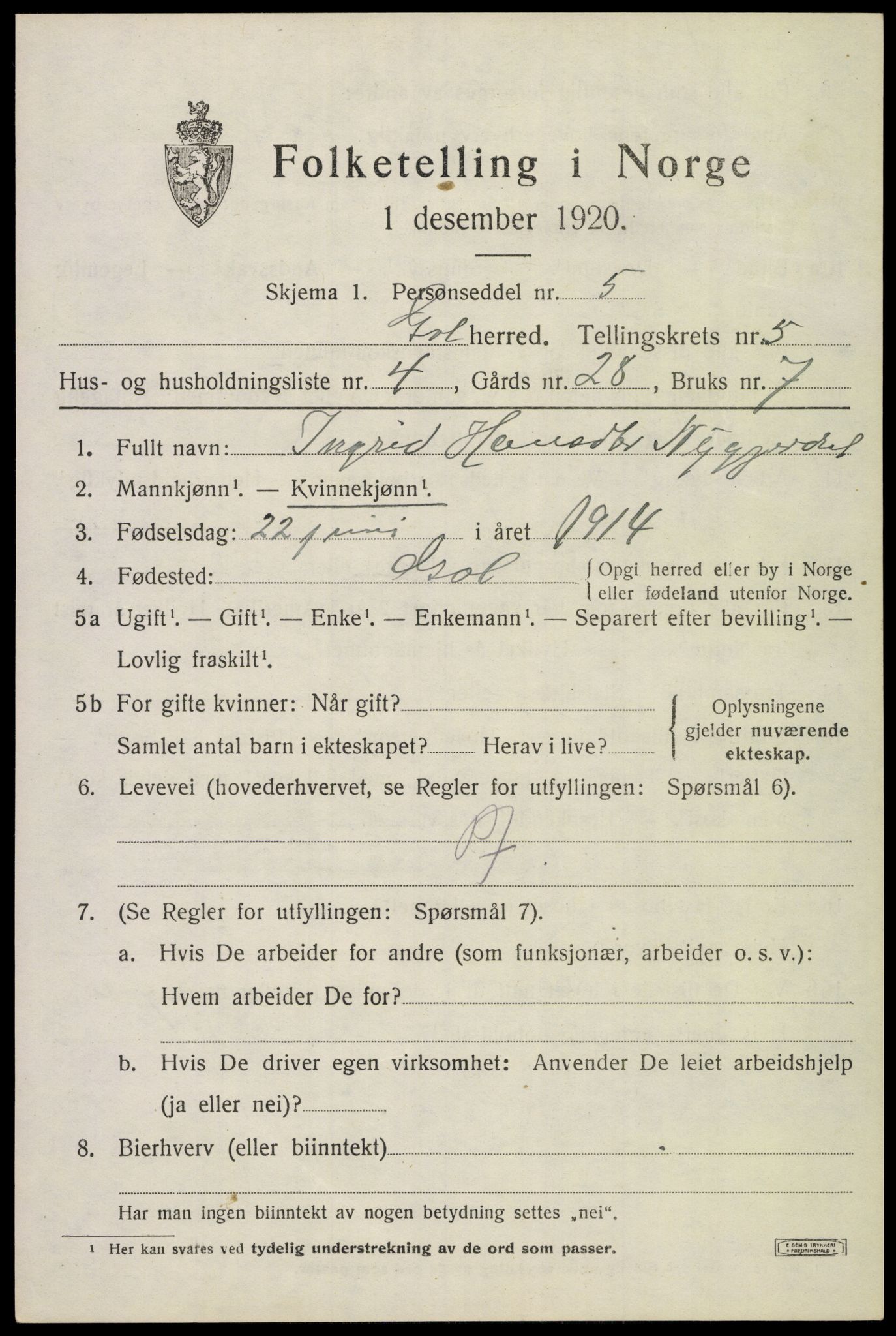 SAKO, 1920 census for Gol, 1920, p. 3558