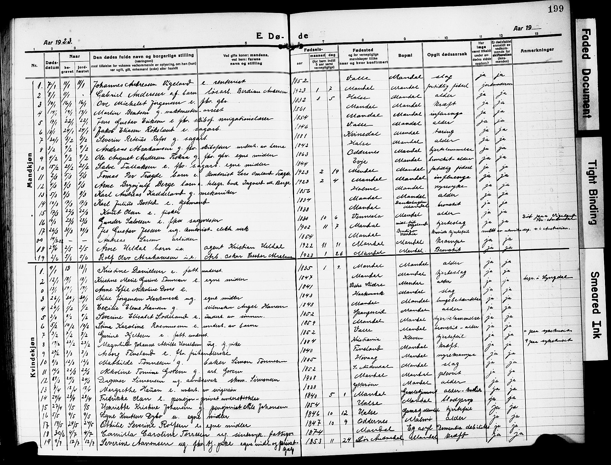 Mandal sokneprestkontor, SAK/1111-0030/F/Fb/Fbc/L0001: Parish register (copy) no. B 1, 1918-1931, p. 199