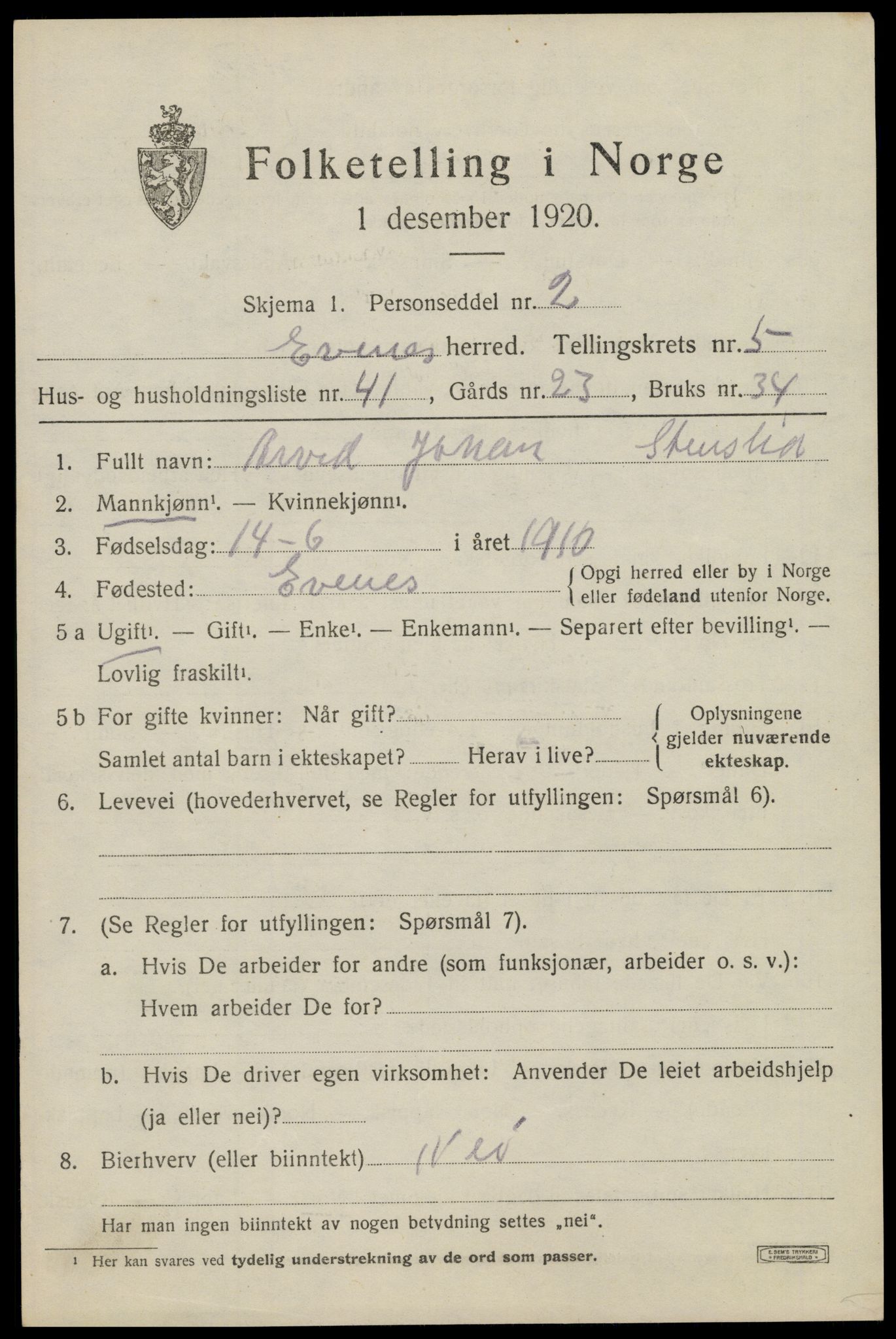 SAT, 1920 census for Evenes, 1920, p. 4678