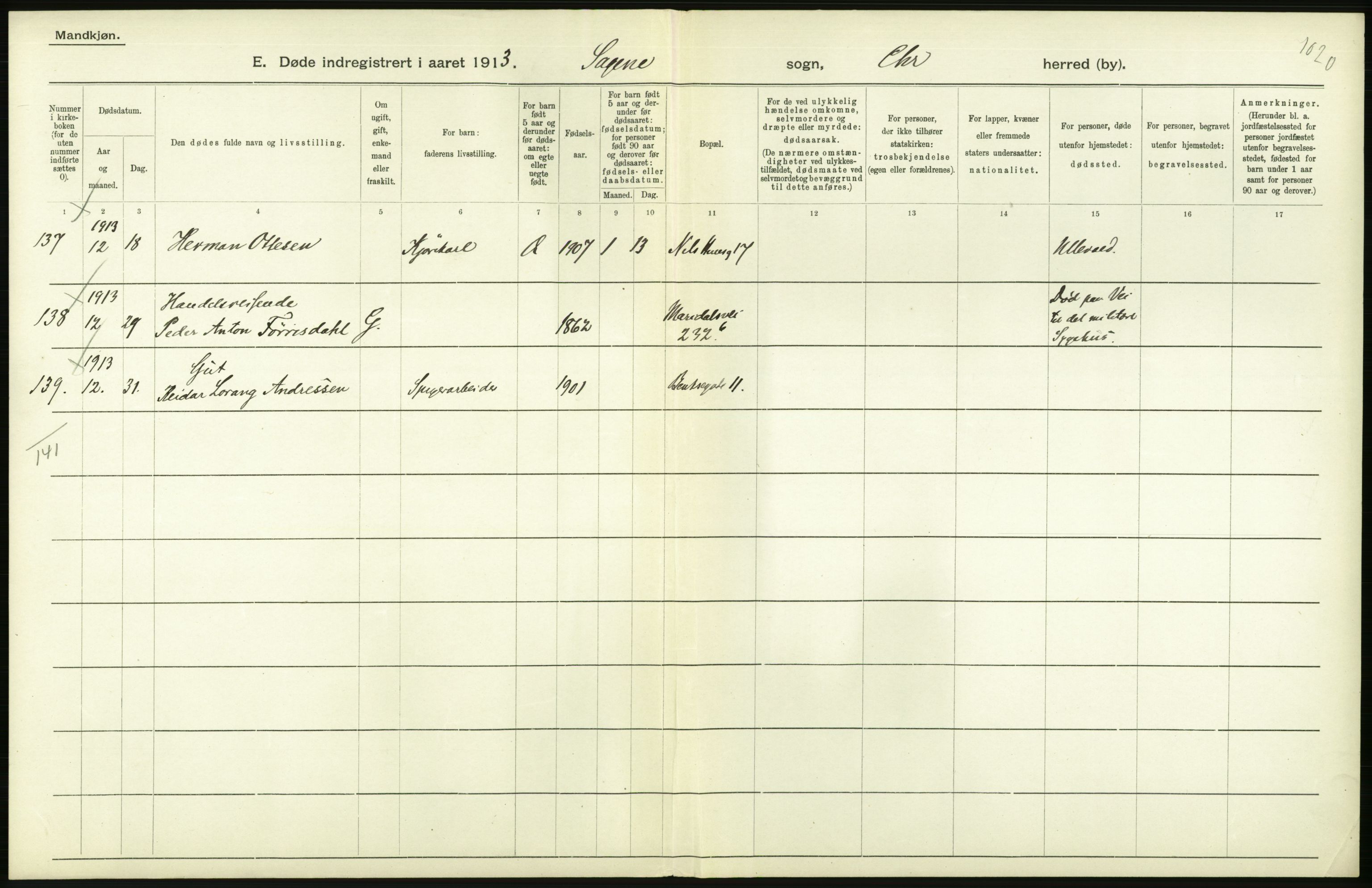 Statistisk sentralbyrå, Sosiodemografiske emner, Befolkning, RA/S-2228/D/Df/Dfb/Dfbc/L0009: Kristiania: Døde., 1913, p. 198