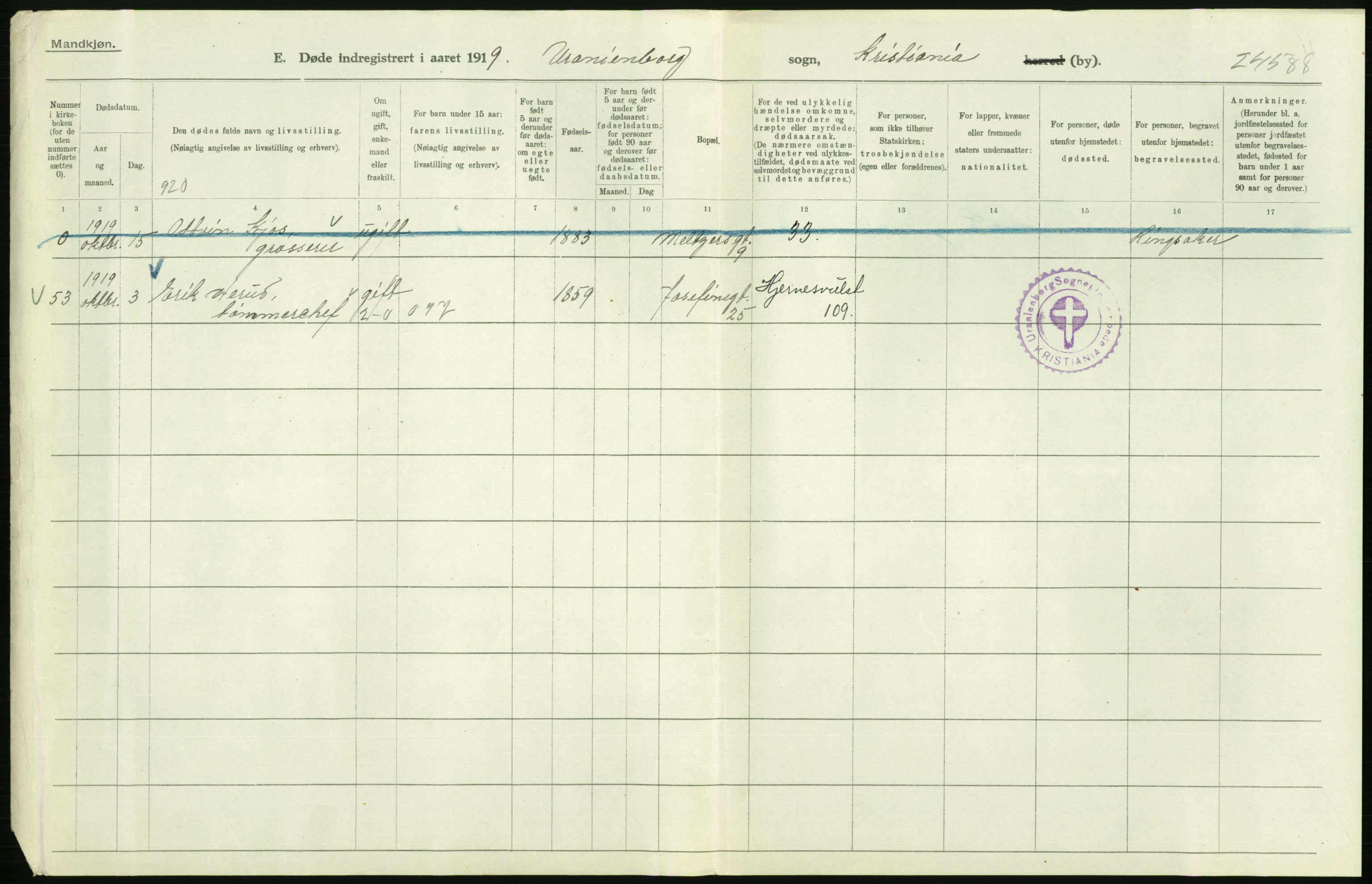 Statistisk sentralbyrå, Sosiodemografiske emner, Befolkning, AV/RA-S-2228/D/Df/Dfb/Dfbi/L0011: Kristiania: Døde, dødfødte, 1919