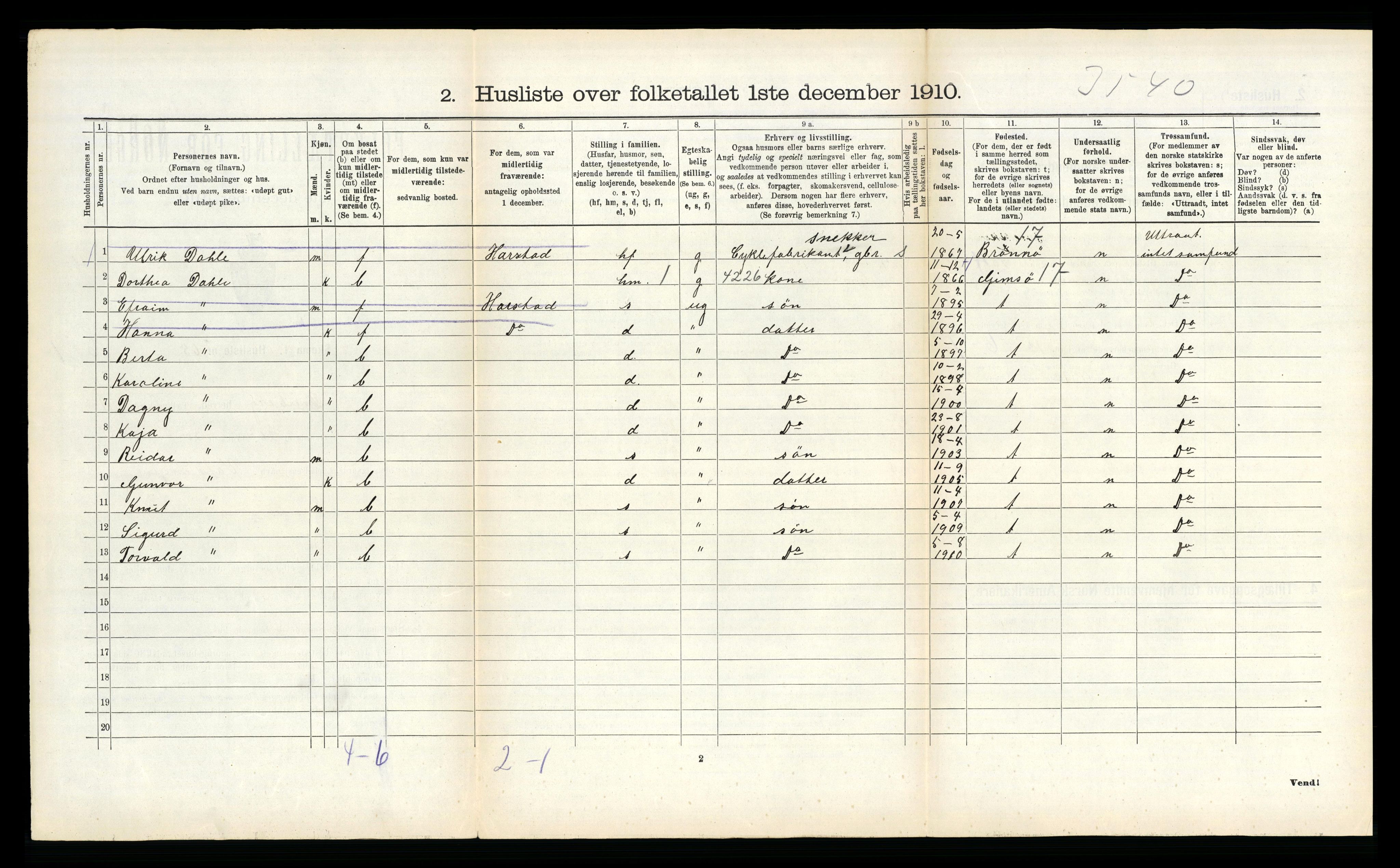 RA, 1910 census for Dverberg, 1910, p. 815