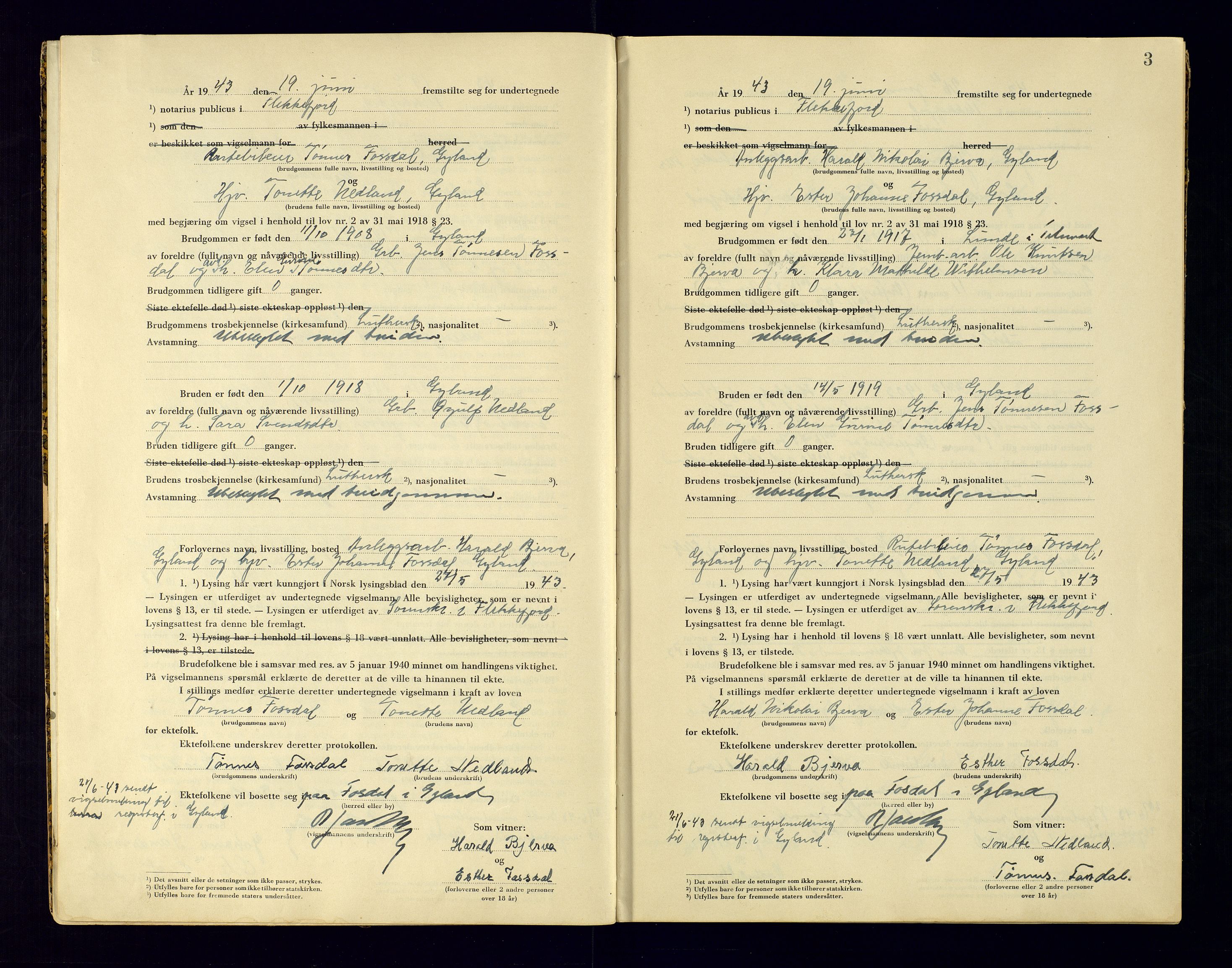 Flekkefjord sorenskriveri, AV/SAK-1221-0001/L/Ld/L0001/0003: Lysings- og vigselprotokoller / Vigselprotokoll, 1943-1944, p. 3