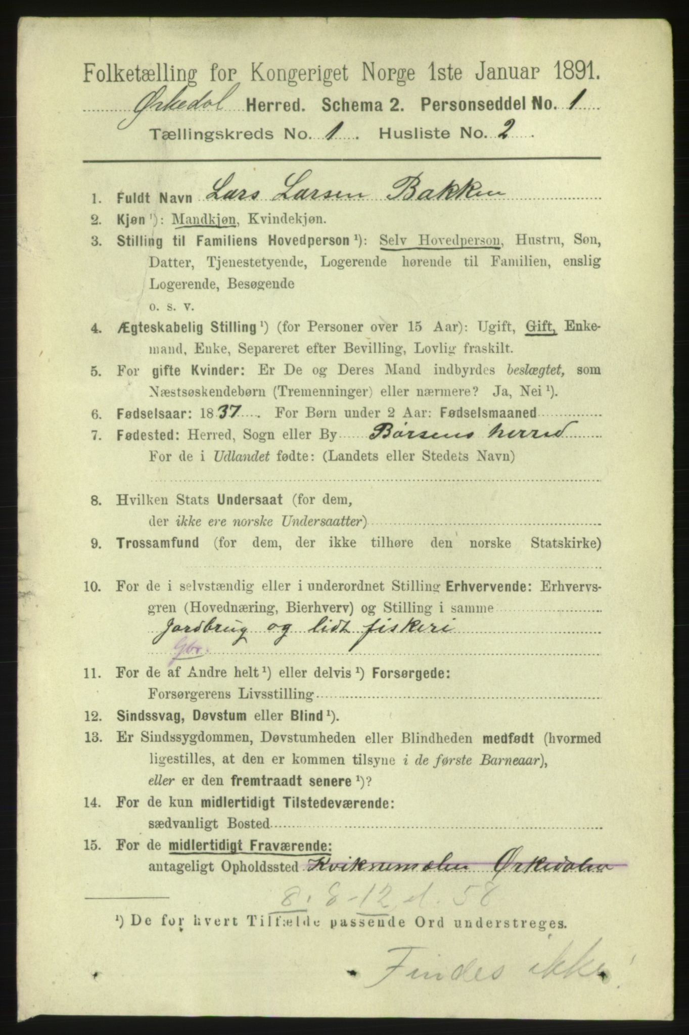 RA, 1891 census for 1638 Orkdal, 1891, p. 155