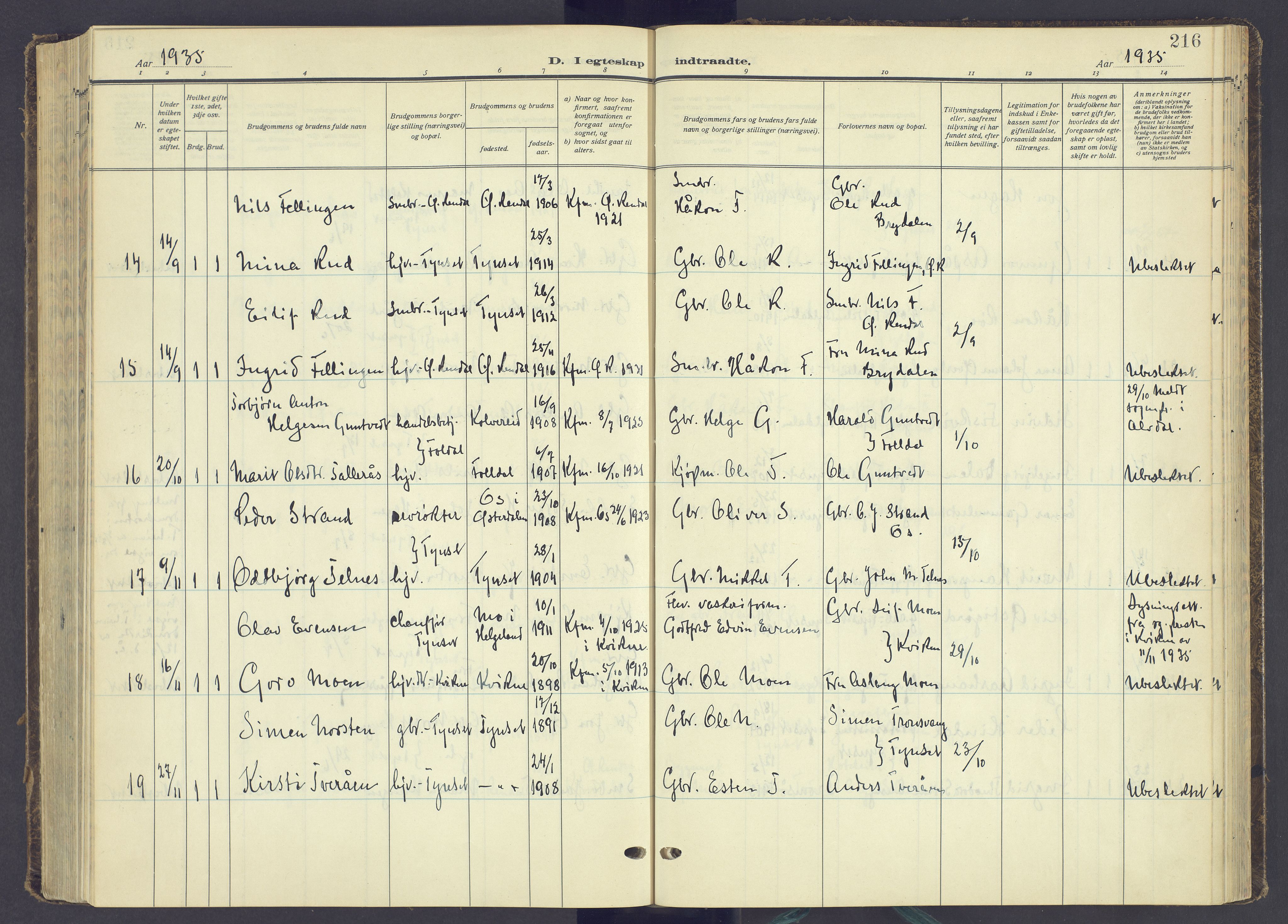 Tynset prestekontor, AV/SAH-PREST-058/H/Ha/Haa/L0027: Parish register (official) no. 27, 1930-1944, p. 216