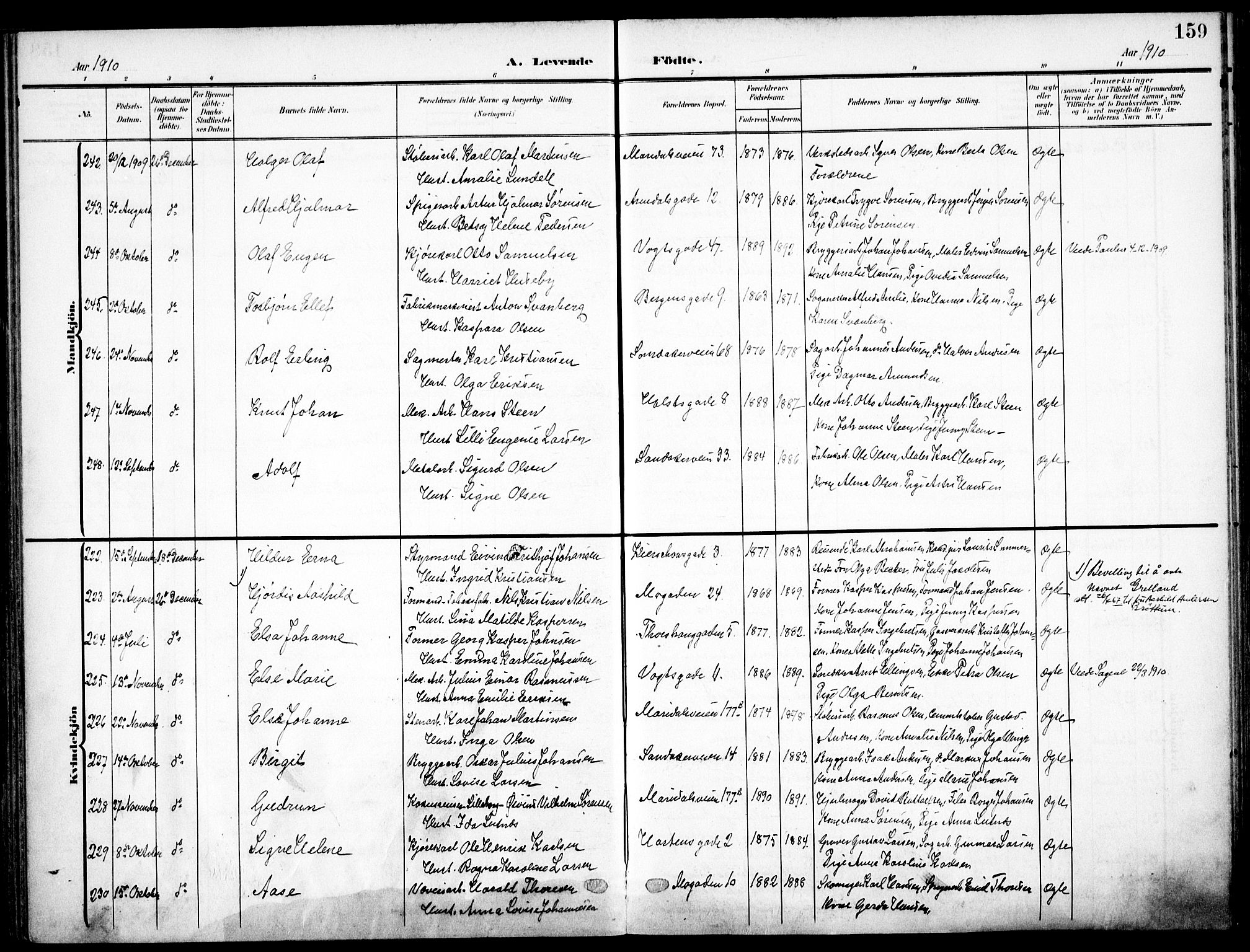 Sagene prestekontor Kirkebøker, SAO/A-10796/F/L0007: Parish register (official) no. 7, 1905-1915, p. 159