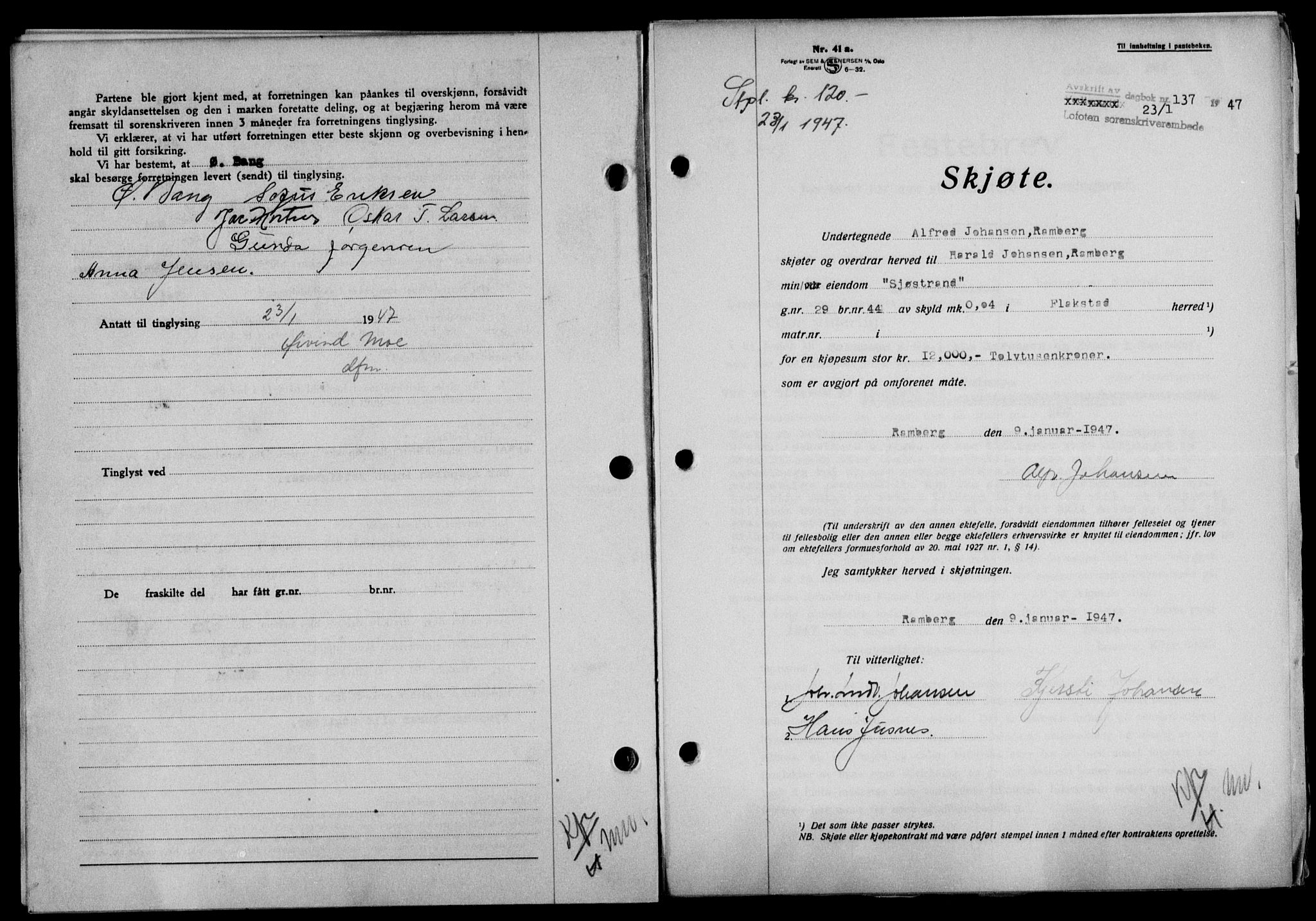Lofoten sorenskriveri, SAT/A-0017/1/2/2C/L0015a: Mortgage book no. 15a, 1946-1947, Diary no: : 137/1947
