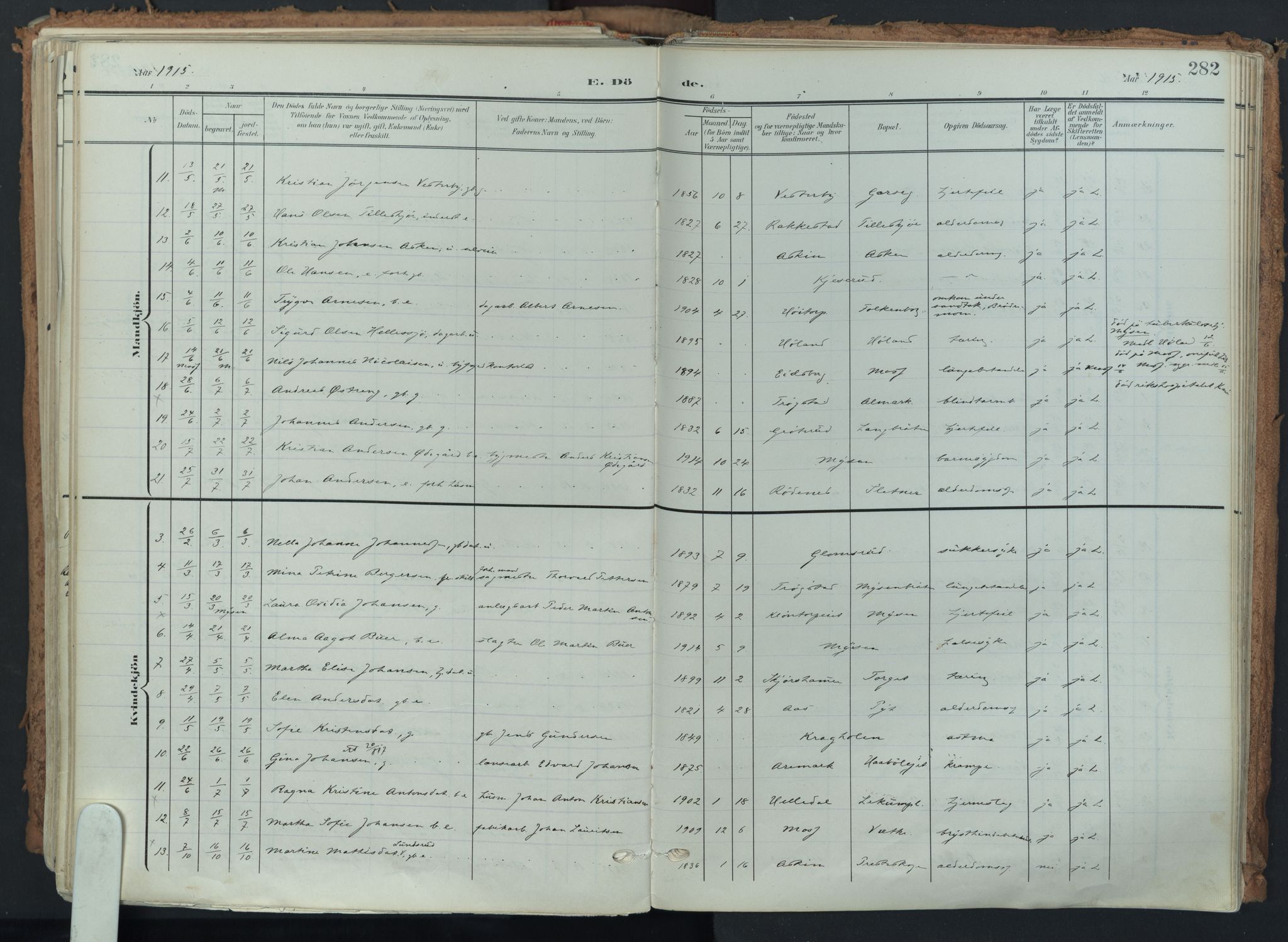 Eidsberg prestekontor Kirkebøker, AV/SAO-A-10905/F/Fa/L0014: Parish register (official) no. I 14, 1902-1919, p. 282