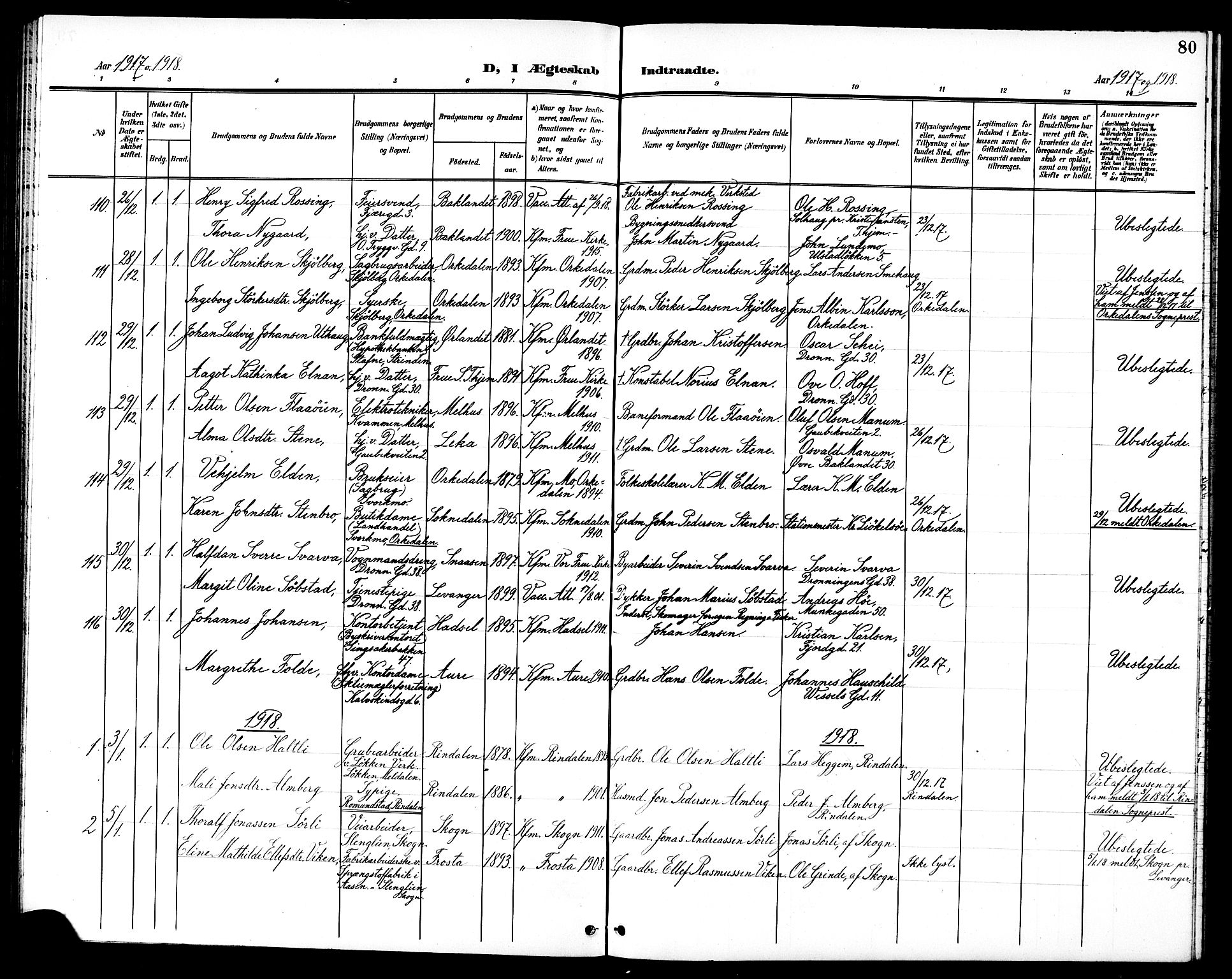 Ministerialprotokoller, klokkerbøker og fødselsregistre - Sør-Trøndelag, SAT/A-1456/602/L0145: Parish register (copy) no. 602C13, 1902-1919, p. 80