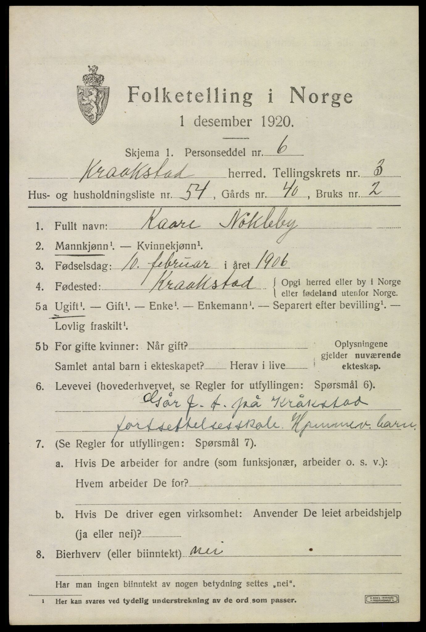 SAO, 1920 census for Kråkstad, 1920, p. 4011