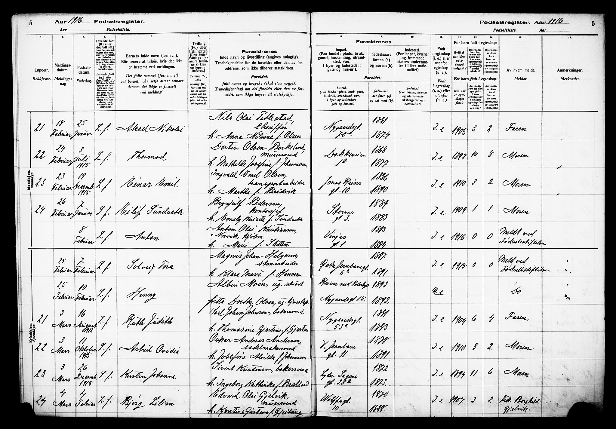 Johanneskirken sokneprestembete, AV/SAB-A-76001/I/Id/L00A1: Birth register no. A 1, 1916-1924, p. 5