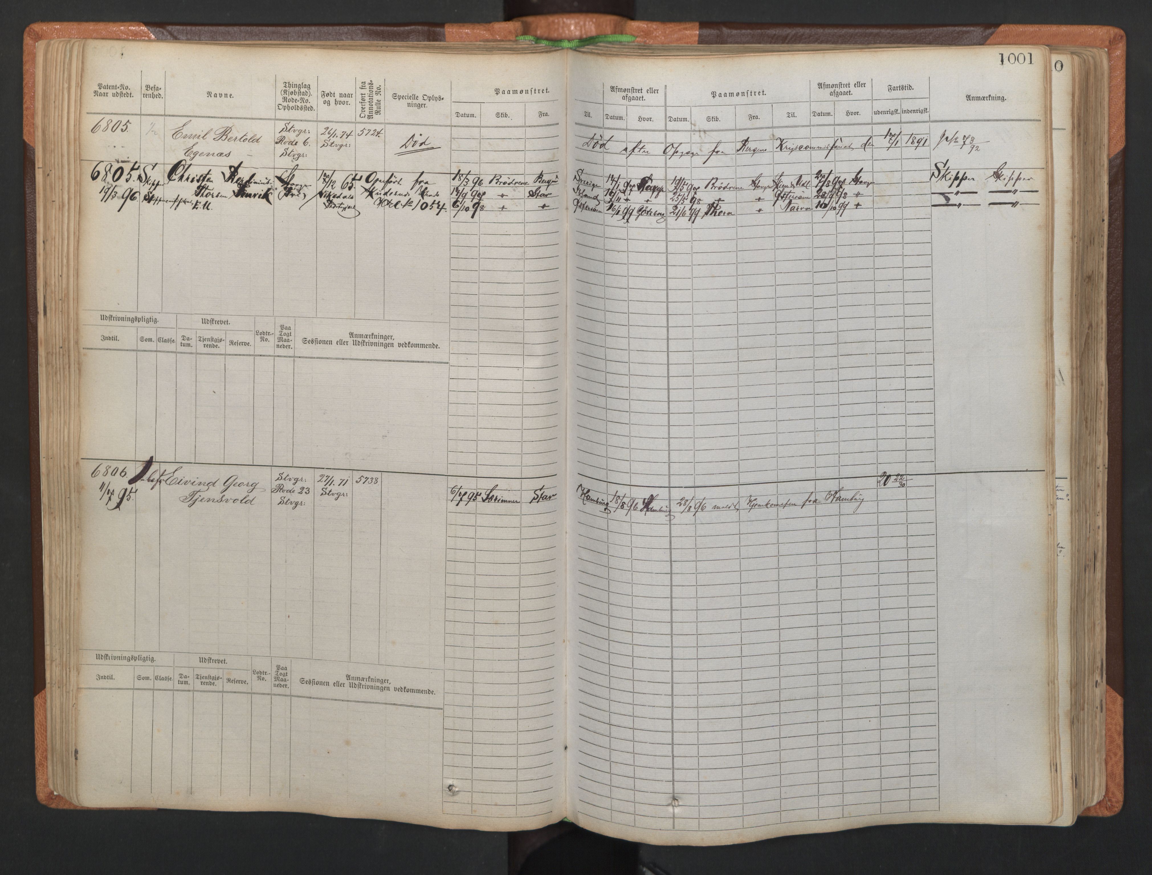 Stavanger sjømannskontor, AV/SAST-A-102006/F/Fb/Fbb/L0011: Sjøfartshovedrulle, patentnr. 6607-7206 (del 2), 1887-1896, p. 104