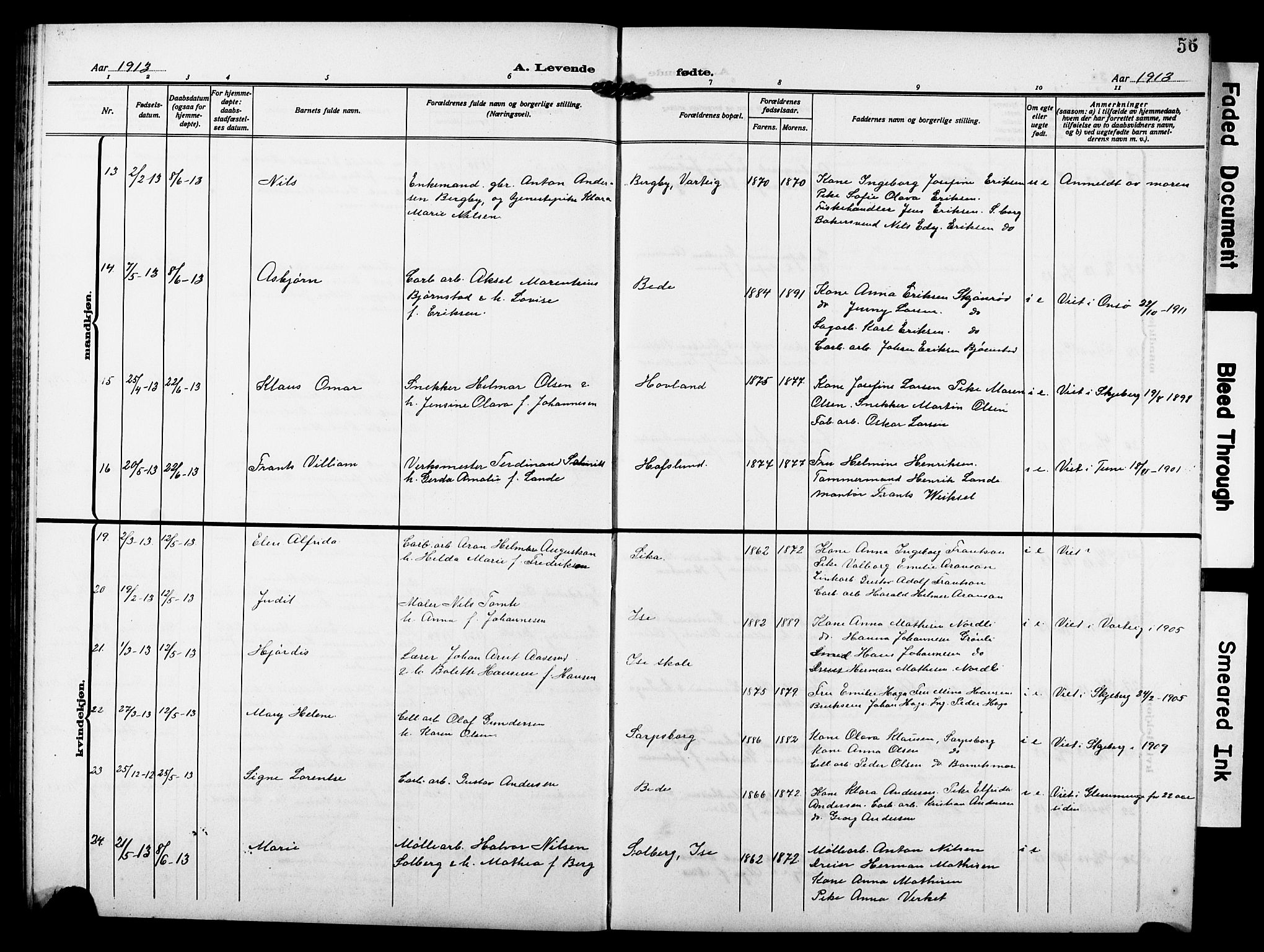 Skjeberg prestekontor Kirkebøker, AV/SAO-A-10923/G/Gd/L0001: Parish register (copy) no. IV 1, 1907-1917, p. 56