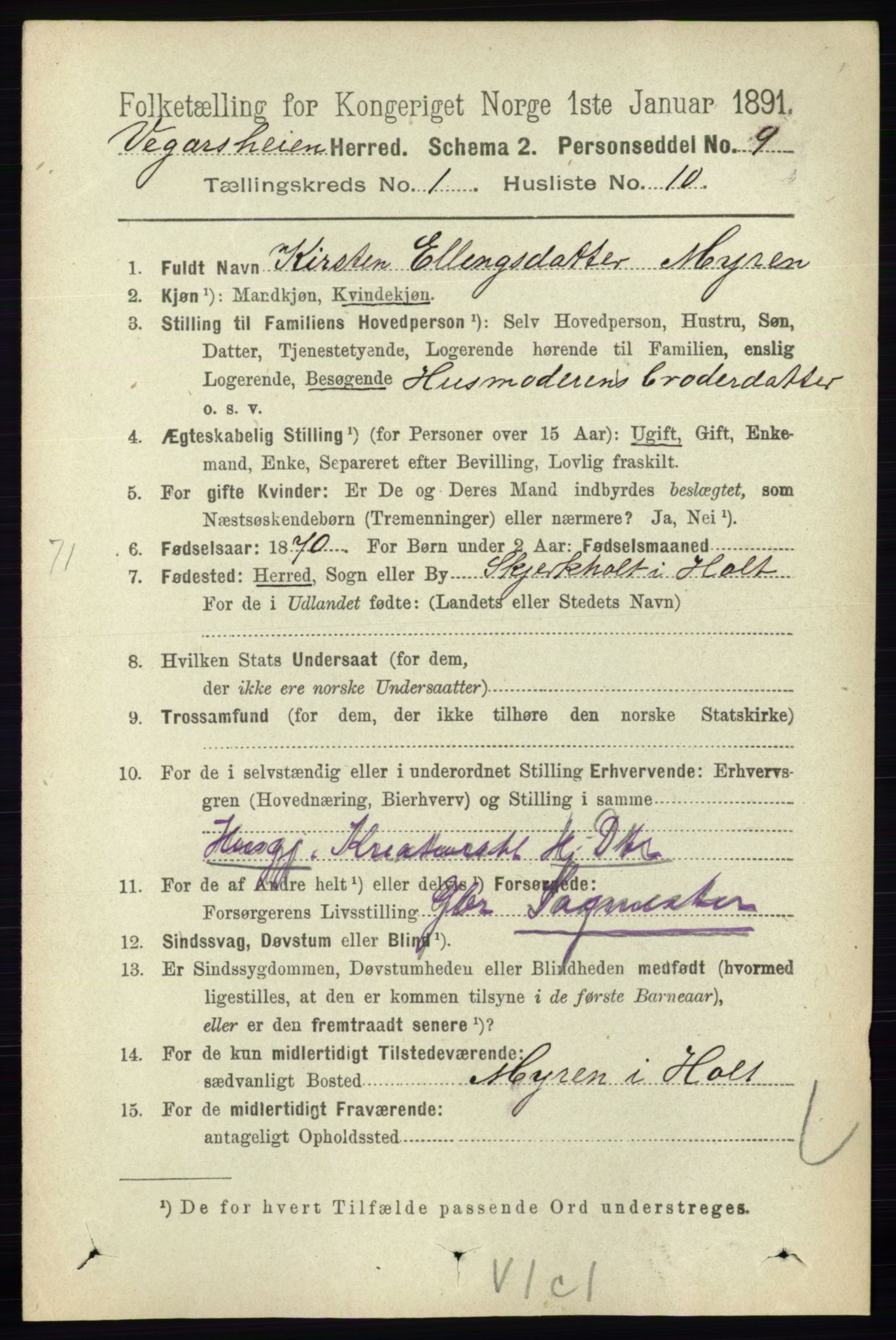 RA, 1891 census for 0912 Vegårshei, 1891, p. 142