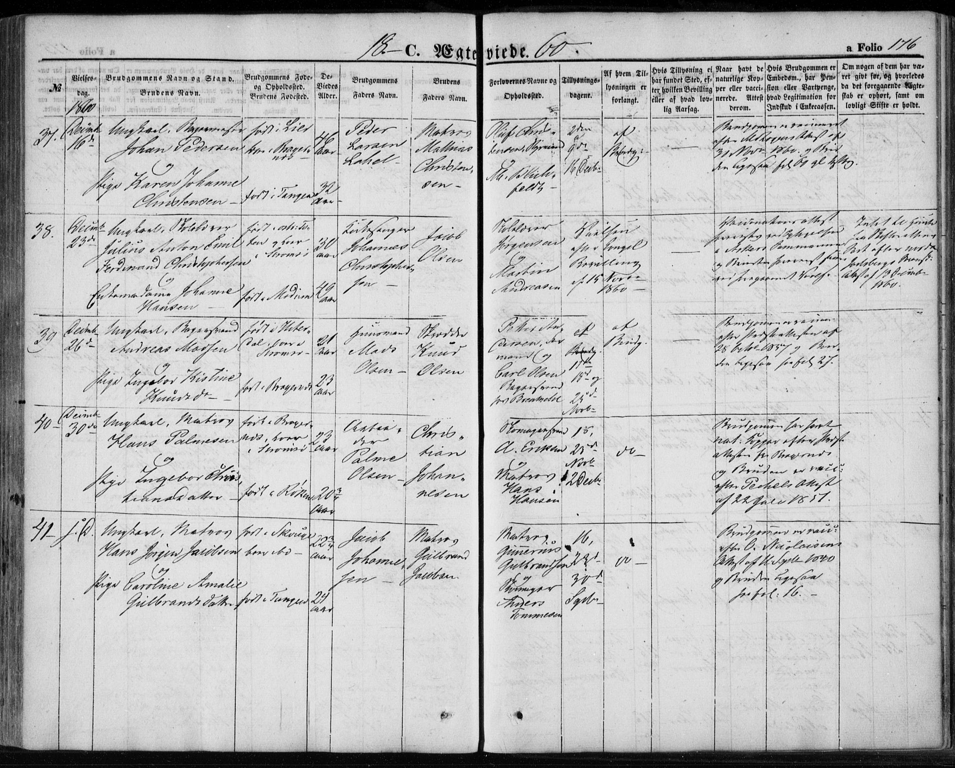 Strømsø kirkebøker, AV/SAKO-A-246/F/Fa/L0017: Parish register (official) no. I 17, 1848-1865, p. 176