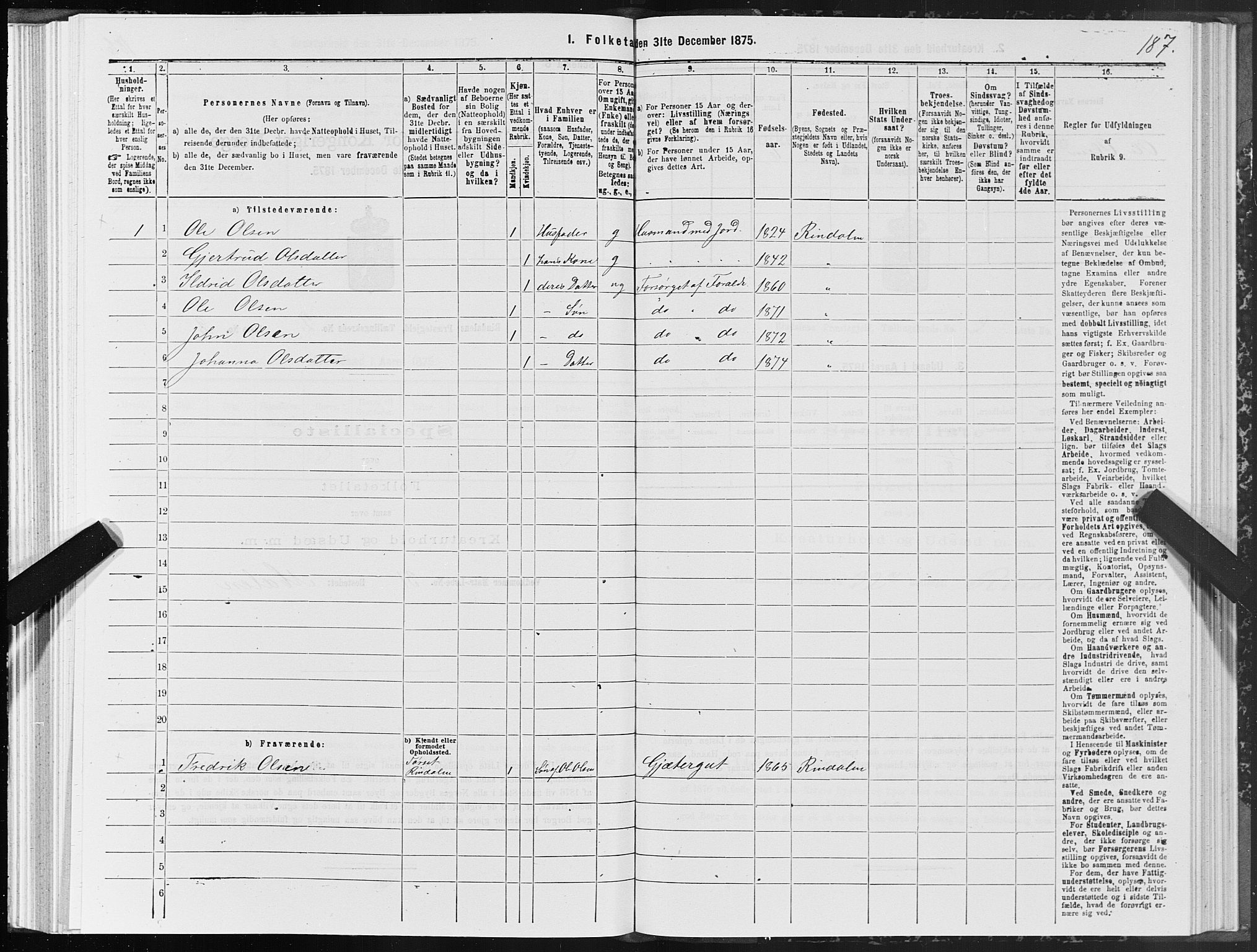 SAT, 1875 census for 1567P Rindal, 1875, p. 1187