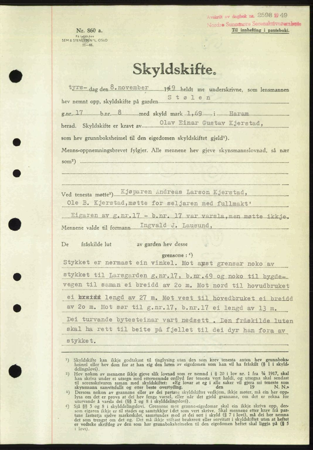 Nordre Sunnmøre sorenskriveri, AV/SAT-A-0006/1/2/2C/2Ca: Mortgage book no. A32, 1949-1949, Diary no: : 2598/1949