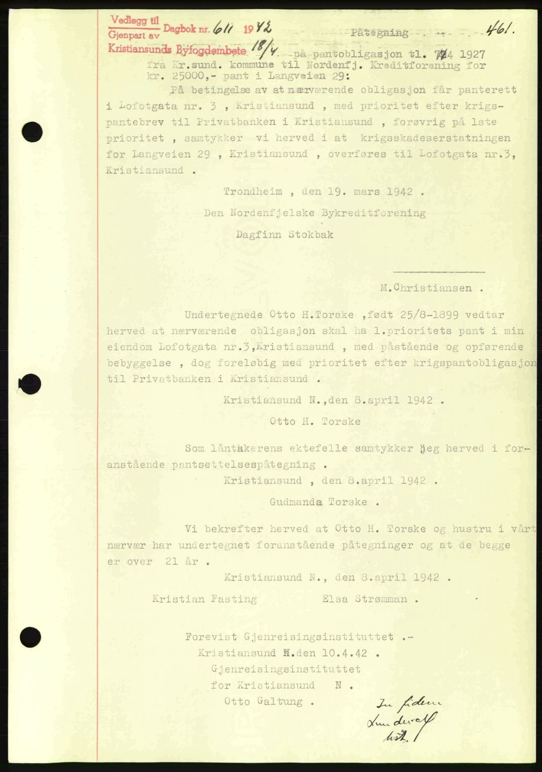 Kristiansund byfogd, AV/SAT-A-4587/A/27: Mortgage book no. 35, 1941-1942, Diary no: : 611/1942
