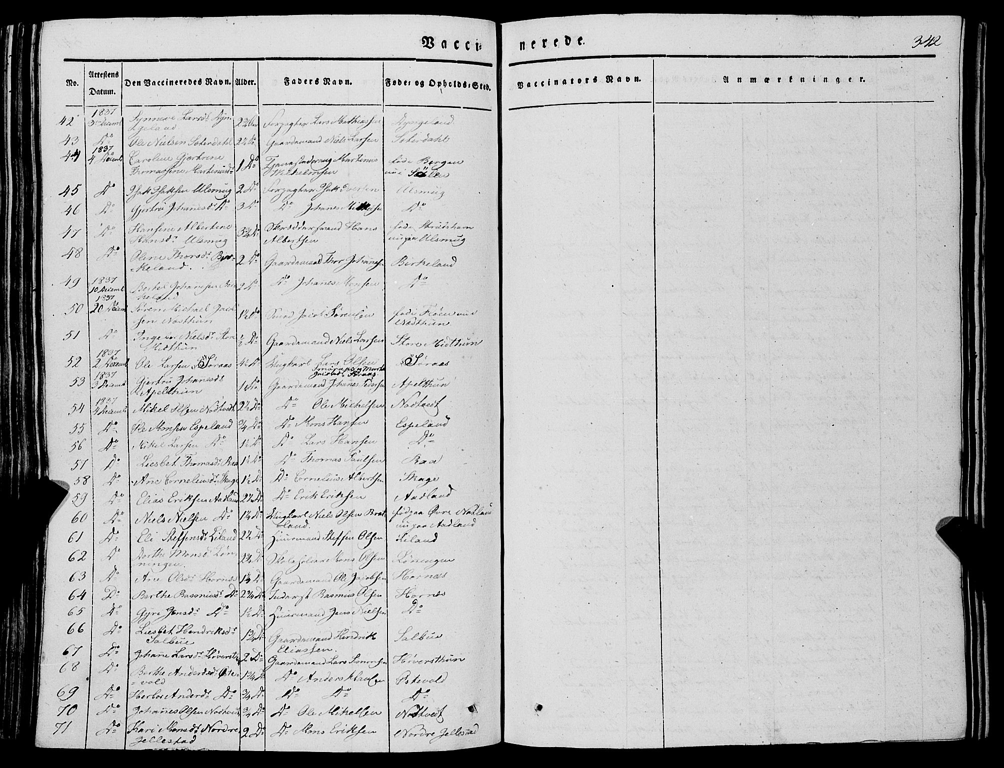Fana Sokneprestembete, SAB/A-75101/H/Haa/Haaa/L0008: Parish register (official) no. A 8, 1829-1851, p. 342