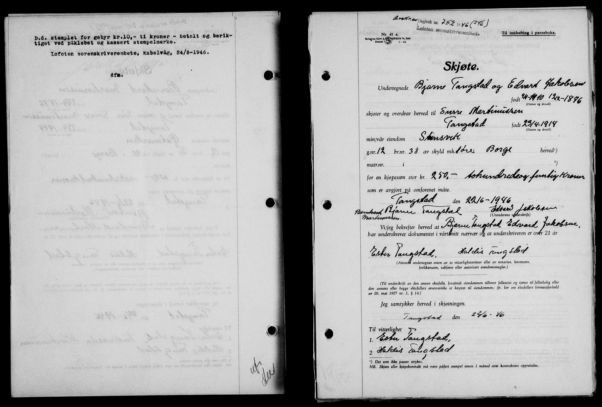 Lofoten sorenskriveri, SAT/A-0017/1/2/2C/L0014a: Mortgage book no. 14a, 1946-1946, Diary no: : 752/1946