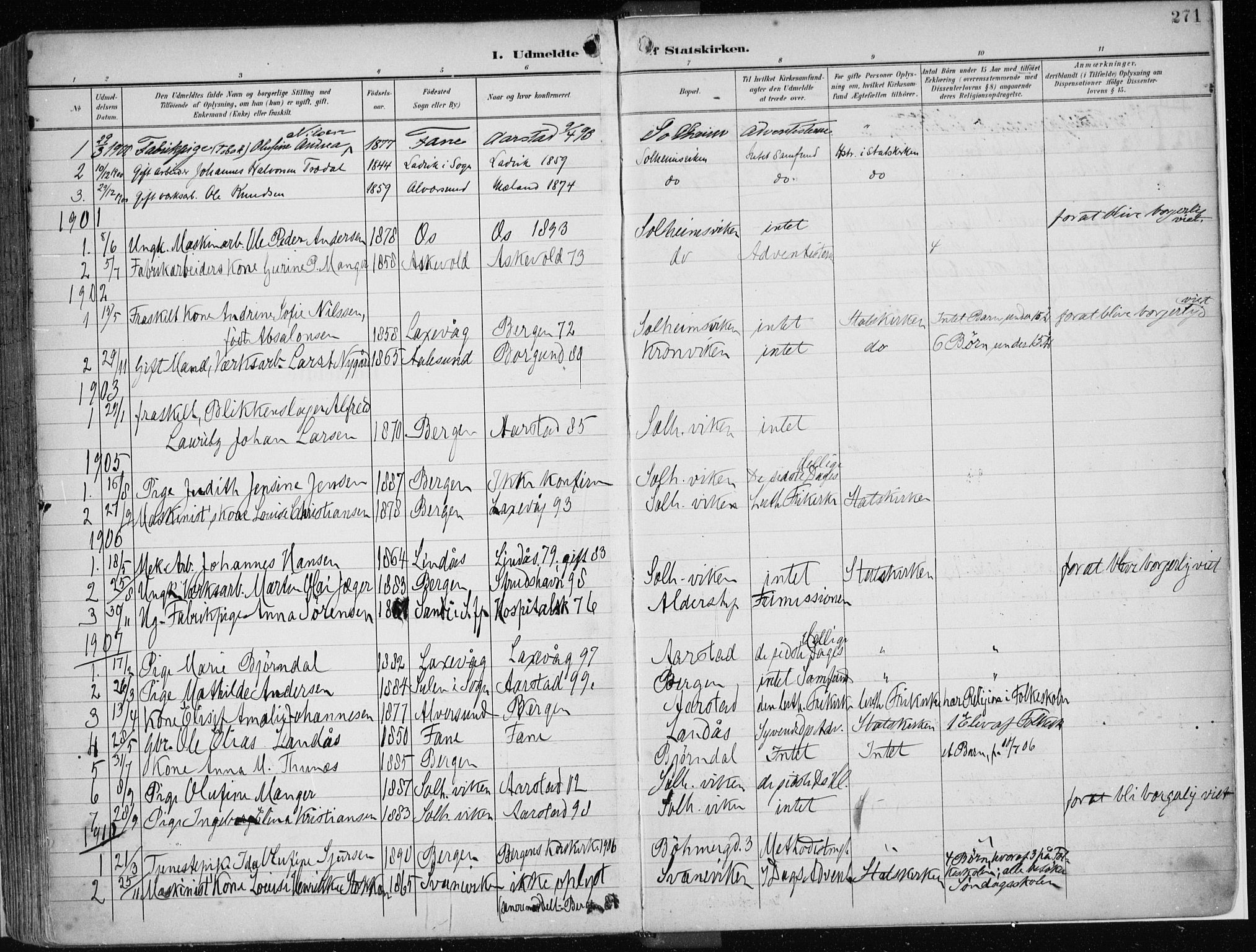Årstad Sokneprestembete, SAB/A-79301/H/Haa/L0002: Parish register (official) no. A 2, 1899-1914, p. 271