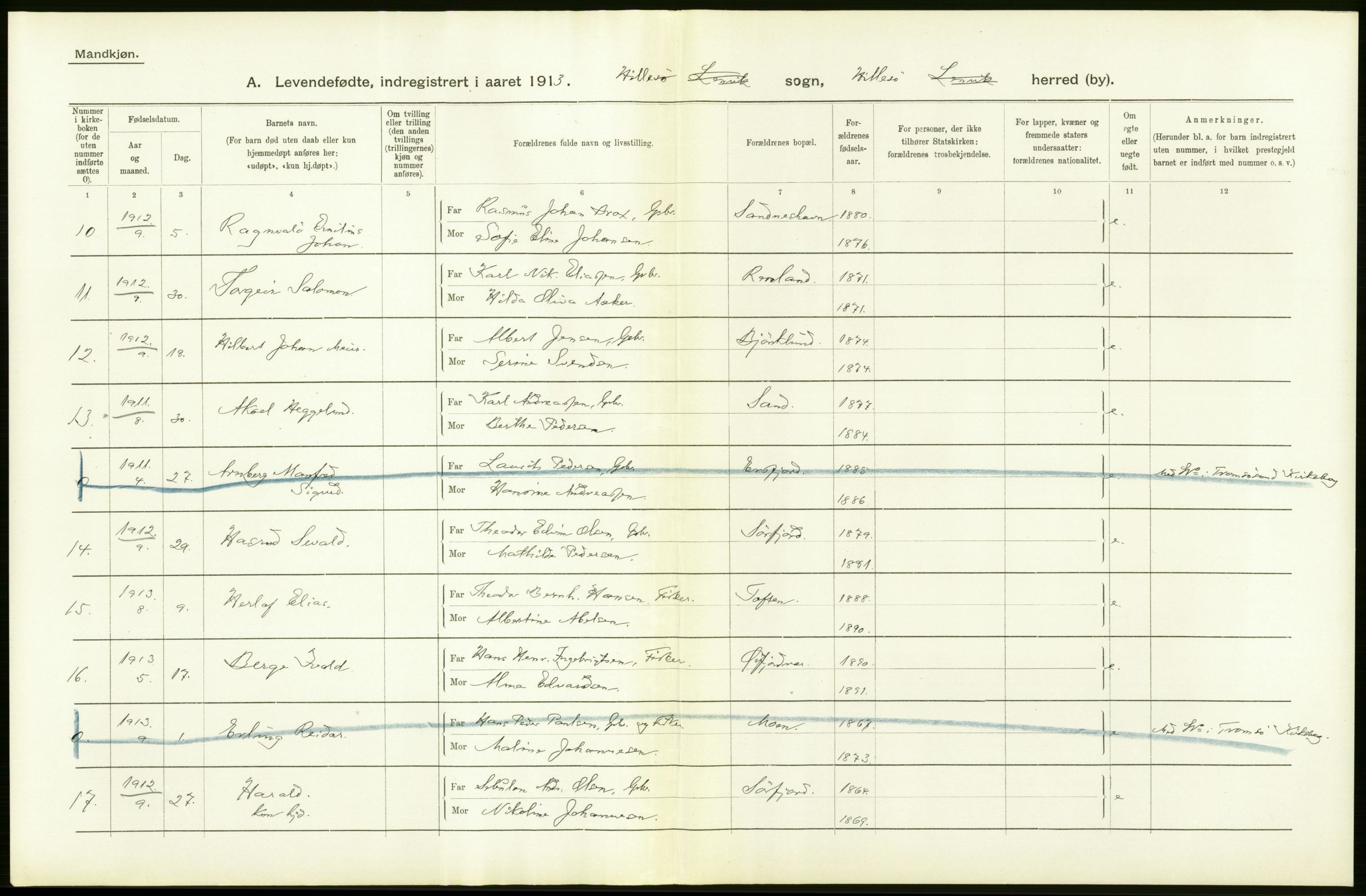 Statistisk sentralbyrå, Sosiodemografiske emner, Befolkning, AV/RA-S-2228/D/Df/Dfb/Dfbc/L0046: Tromsø amt: Levendefødte menn og kvinner. Bygder og byer., 1913, p. 112