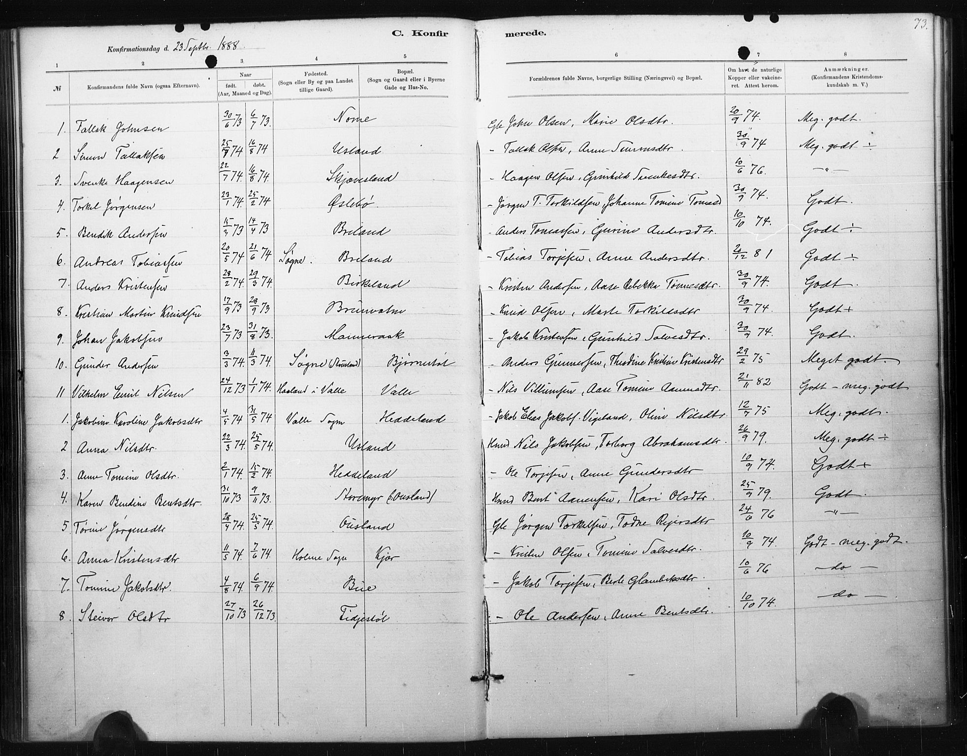 Holum sokneprestkontor, AV/SAK-1111-0022/F/Fa/Fac/L0004: Parish register (official) no. A 4, 1884-1907, p. 73