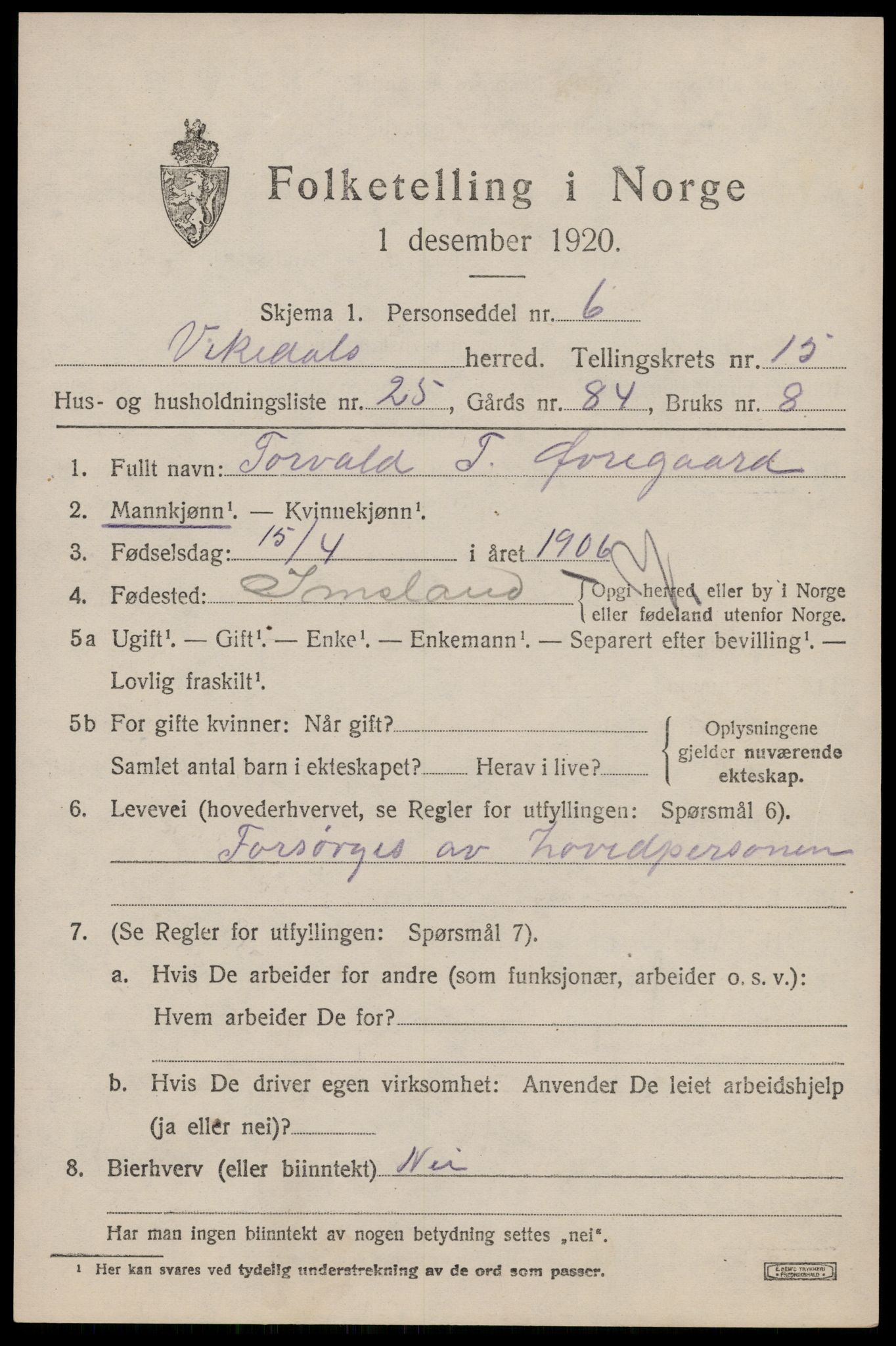 SAST, 1920 census for Vikedal, 1920, p. 4769