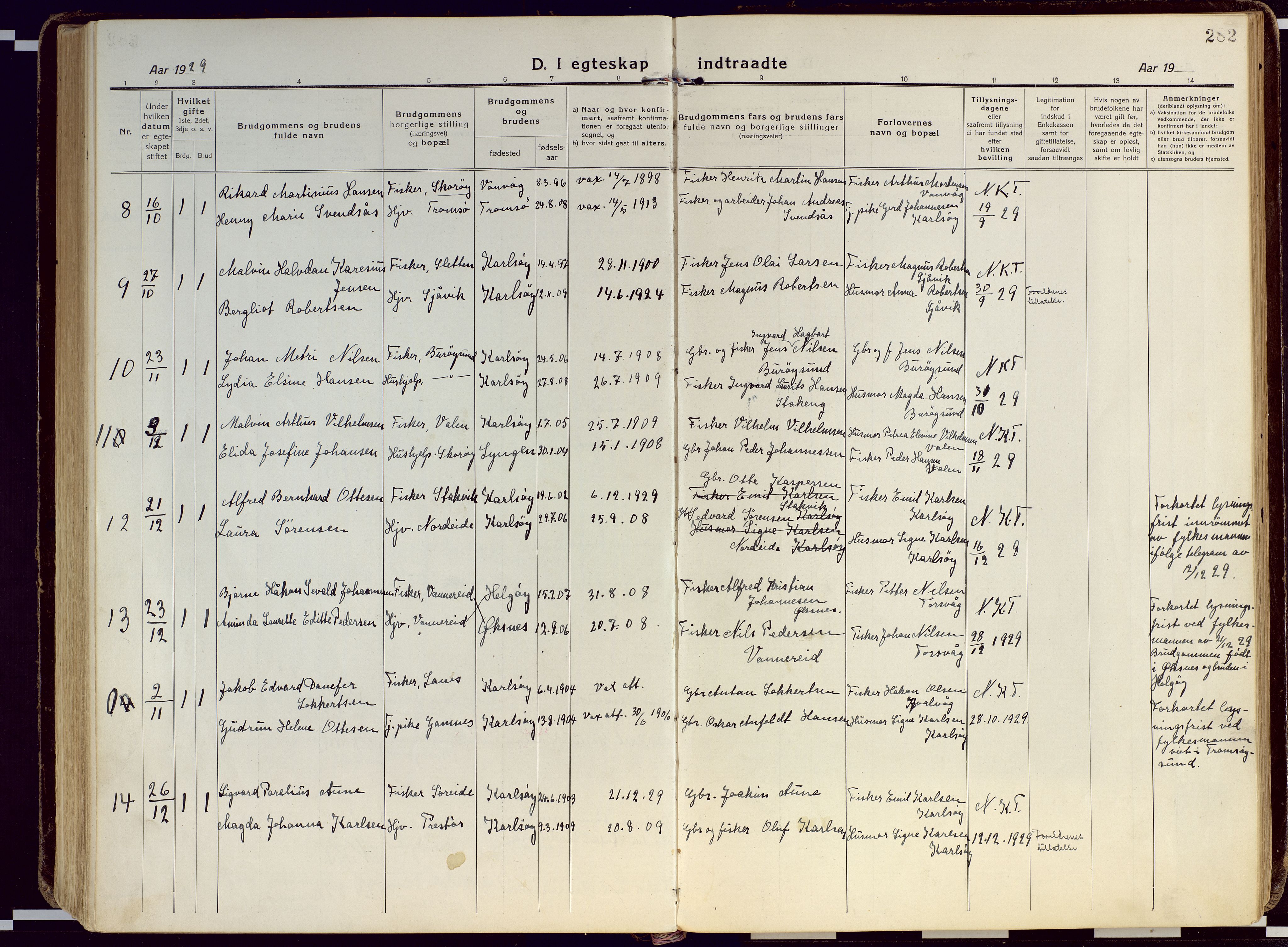 Karlsøy sokneprestembete, AV/SATØ-S-1299/H/Ha/Haa/L0015kirke: Parish register (official) no. 15, 1918-1929, p. 282