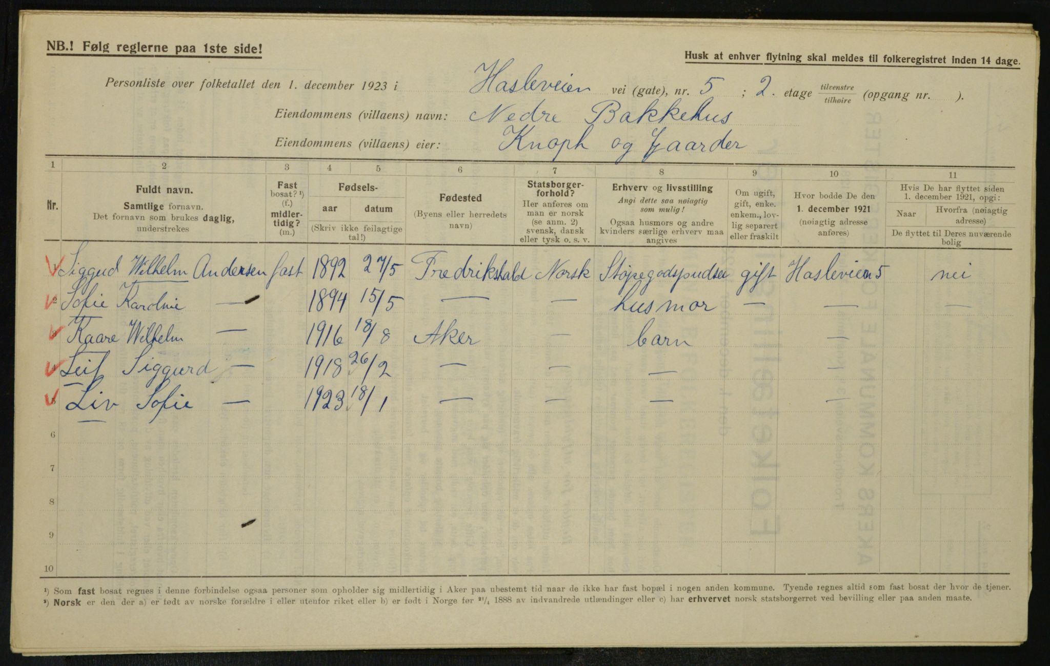 , Municipal Census 1923 for Aker, 1923, p. 25343