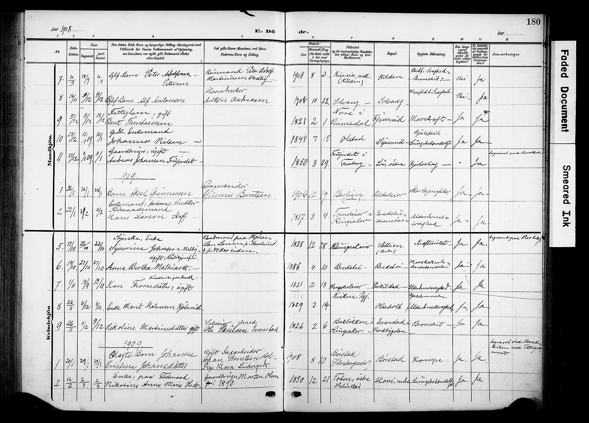 Nes prestekontor, Hedmark, SAH/PREST-020/K/Ka/L0013: Parish register (official) no. 13, 1906-1924, p. 180