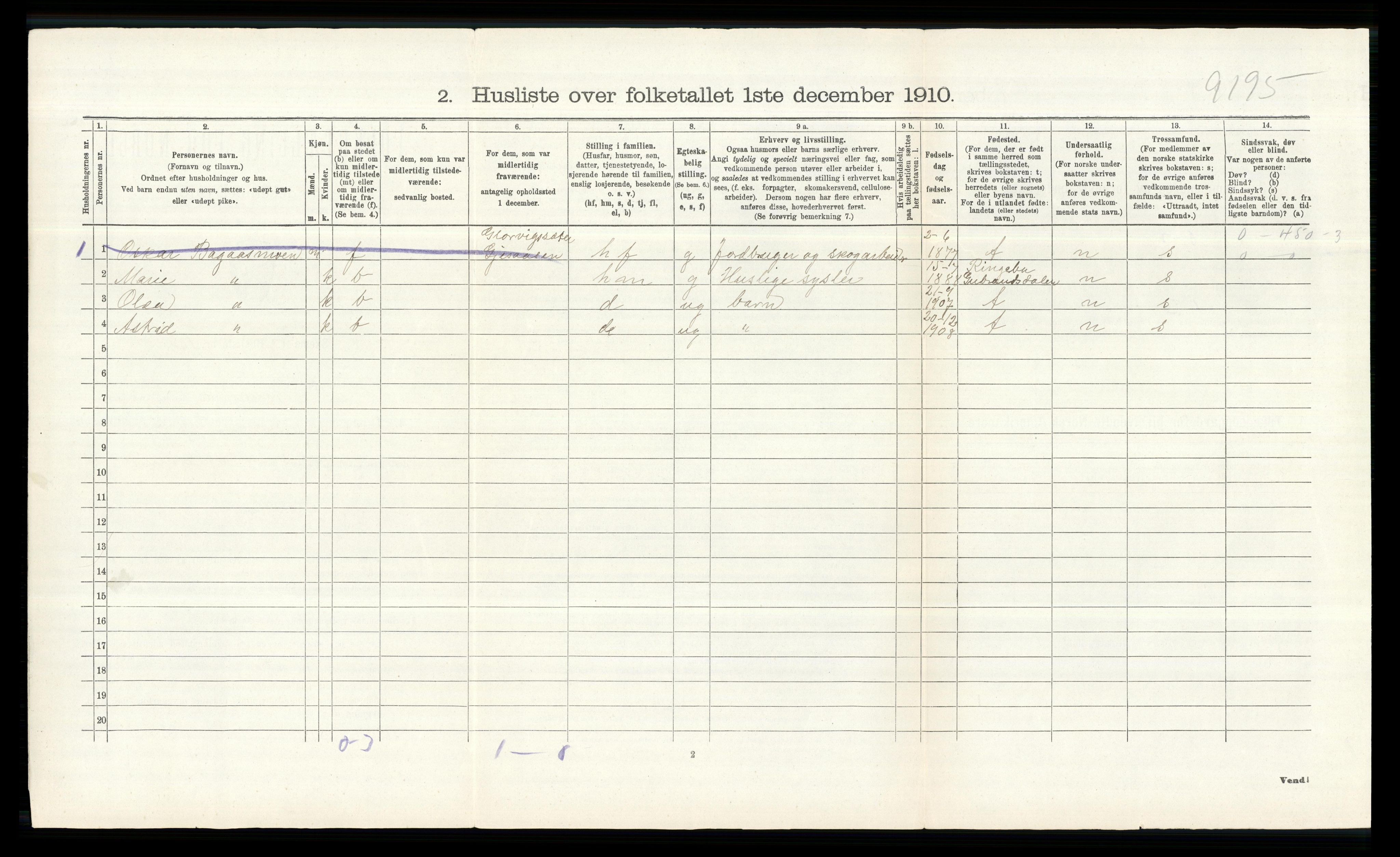 RA, 1910 census for Åsnes, 1910, p. 737