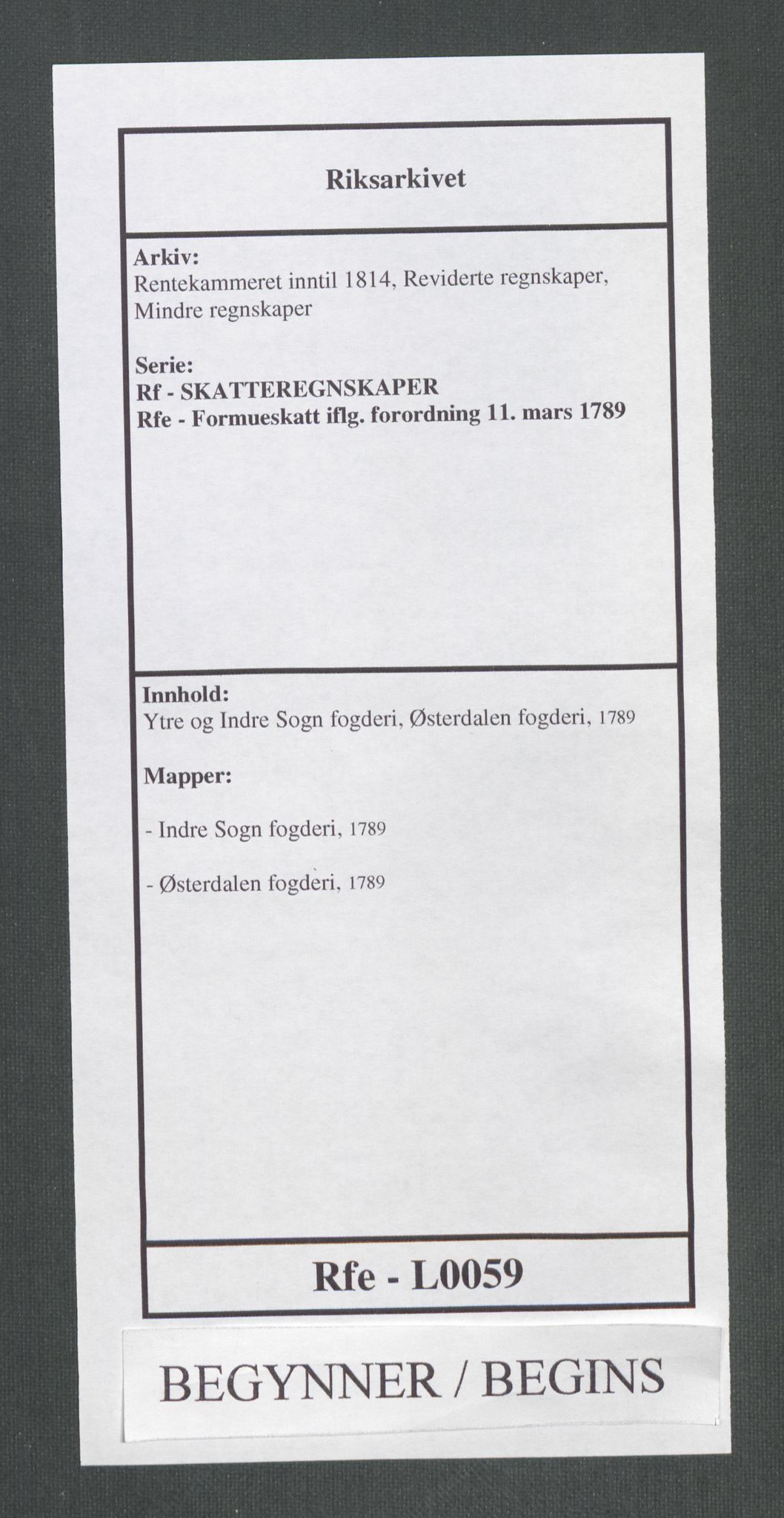 Rentekammeret inntil 1814, Reviderte regnskaper, Mindre regnskaper, AV/RA-EA-4068/Rf/Rfe/L0059: Ytre og Indre Sogn fogderi, Østerdalen fogderi, 1789, p. 1