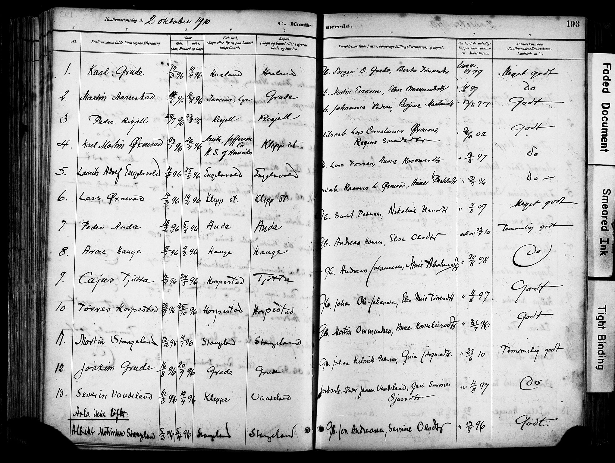 Klepp sokneprestkontor, SAST/A-101803/001/3/30BA/L0009: Parish register (official) no. A 7, 1886-1915, p. 193