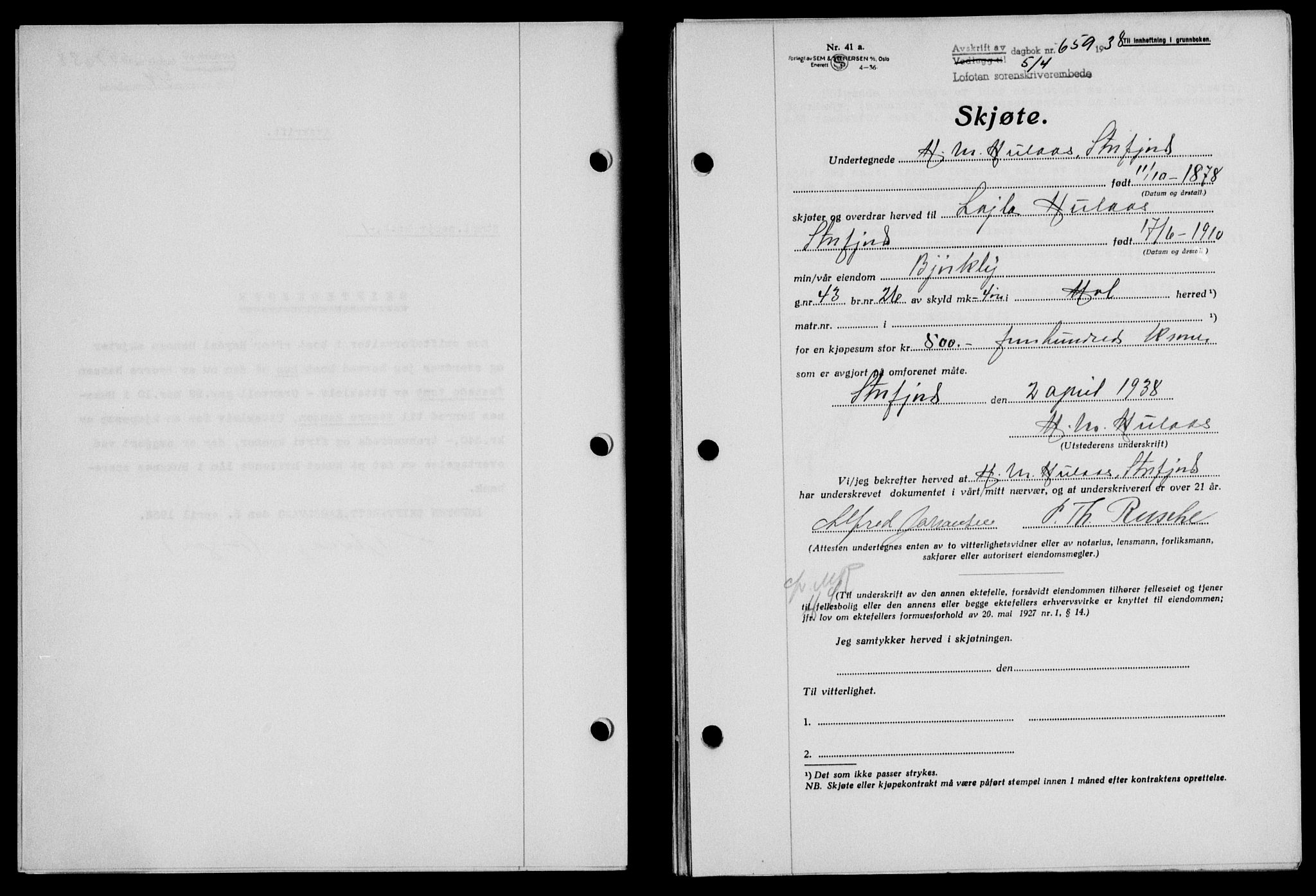 Lofoten sorenskriveri, SAT/A-0017/1/2/2C/L0004a: Mortgage book no. 4a, 1938-1938, Diary no: : 659/1938