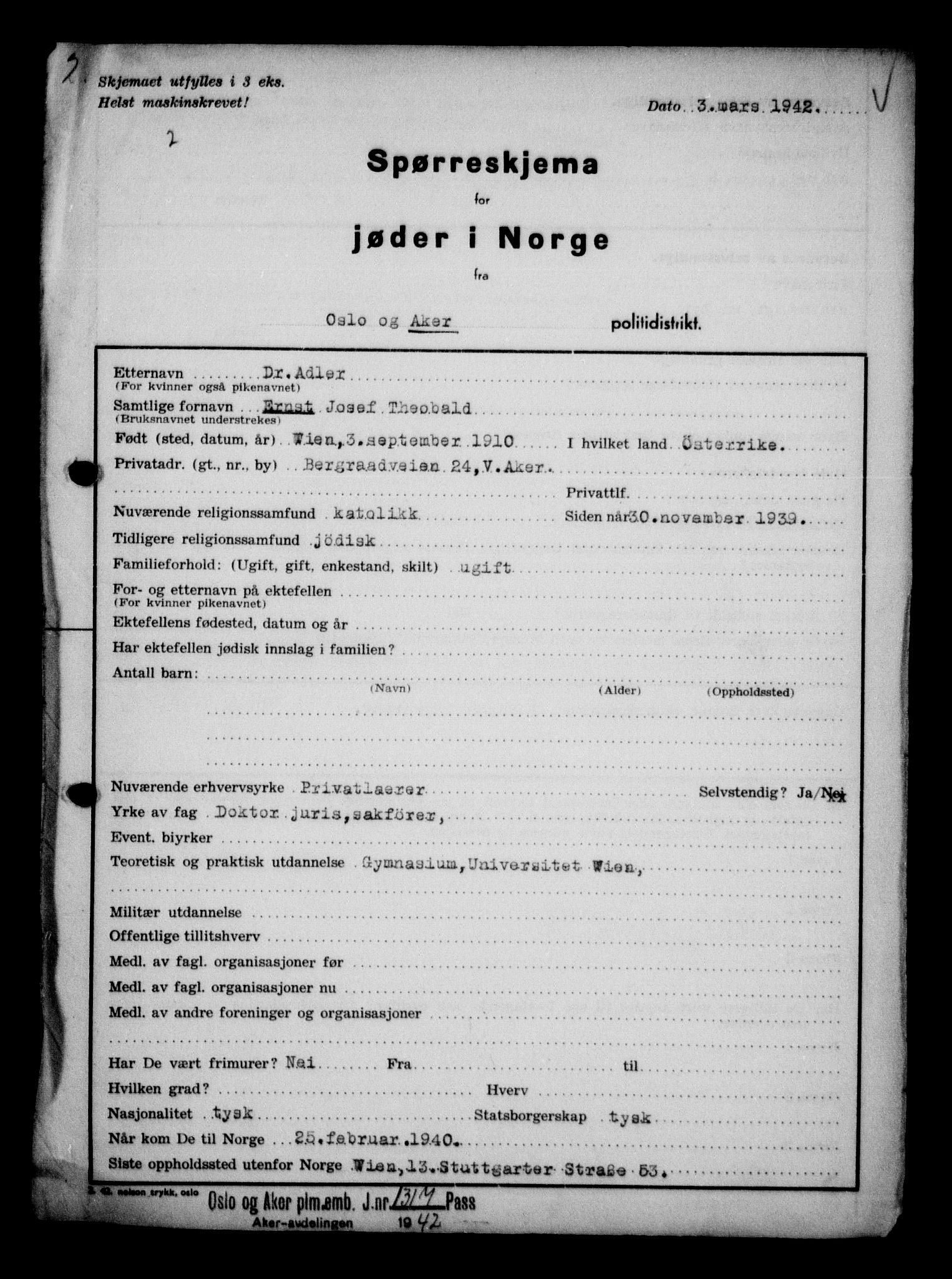 Statspolitiet - Hovedkontoret / Osloavdelingen, AV/RA-S-1329/G/Ga/L0011: Spørreskjema for jøder i Norge. 1: Oslo 610-806 (Plavnik-Zwillinger). 2: Aker 1-113 (Adler-Lewin). , 1942, p. 591