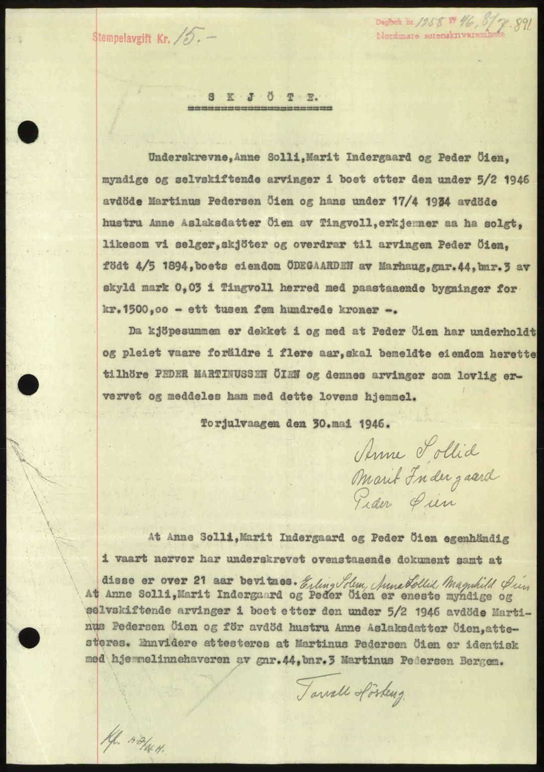 Nordmøre sorenskriveri, AV/SAT-A-4132/1/2/2Ca: Mortgage book no. A101, 1946-1946, Diary no: : 1258/1946