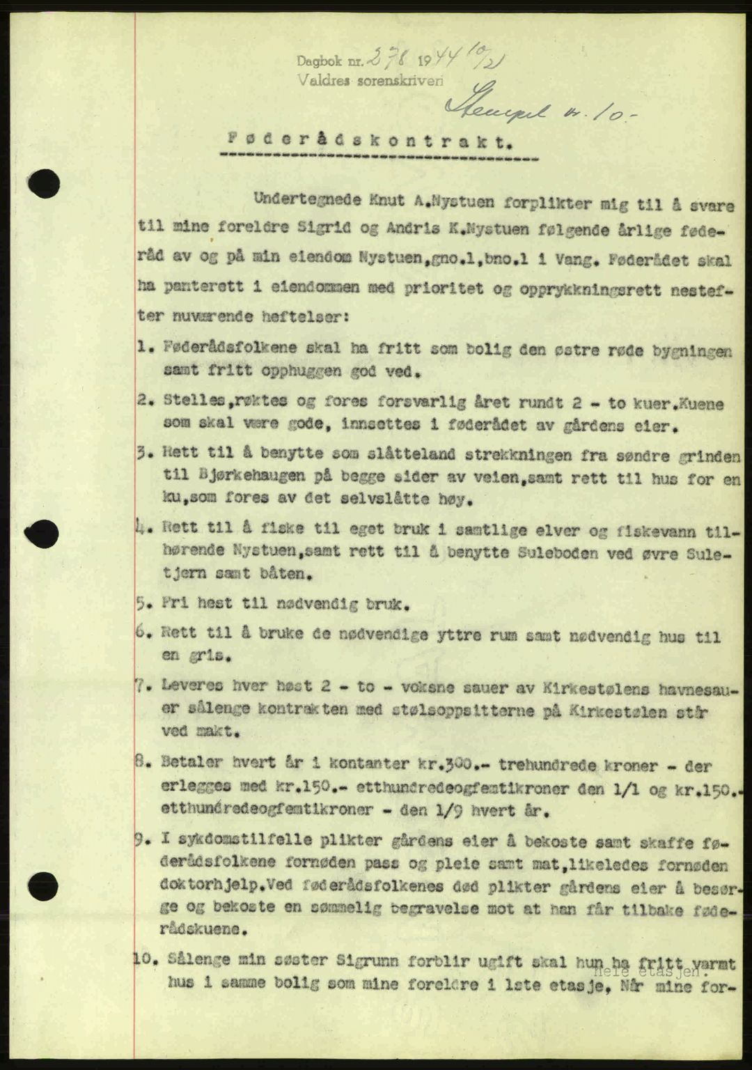 Valdres sorenskriveri, AV/SAH-TING-016/H/Hb/Hbc/L0014: Mortgage book no. B14, 1943-1944, Diary no: : 278/1944