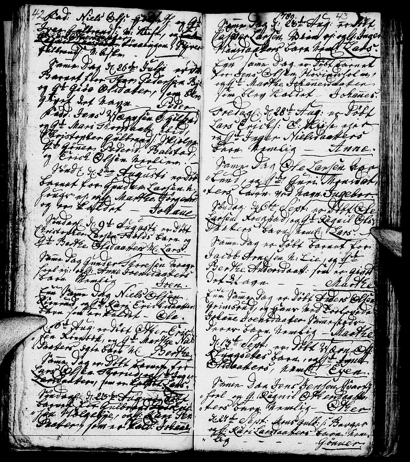 Nes prestekontor, Hedmark, AV/SAH-PREST-020/L/La/L0002: Parish register (copy) no. 2, 1785-1813, p. 42-43