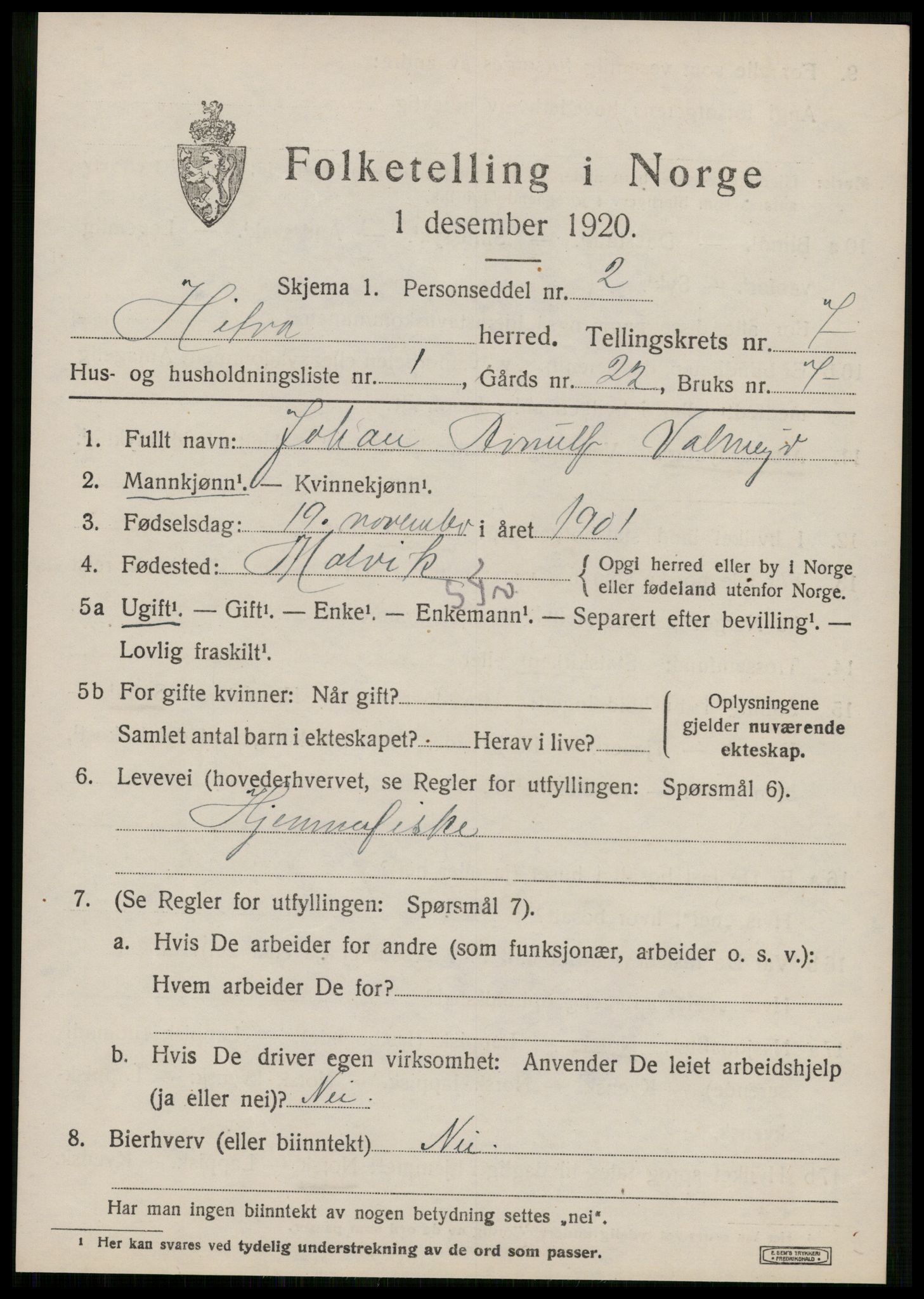 SAT, 1920 census for Hitra, 1920, p. 2097