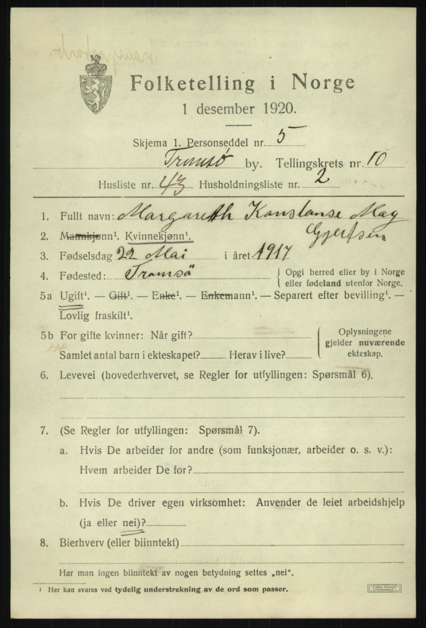 SATØ, 1920 census for Tromsø, 1920, p. 21018