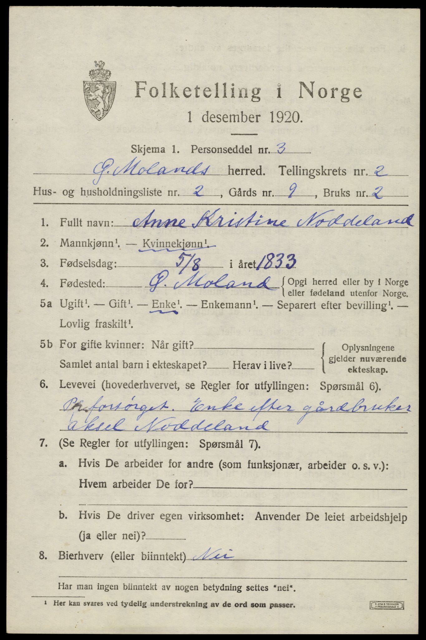 SAK, 1920 census for Austre Moland, 1920, p. 1263