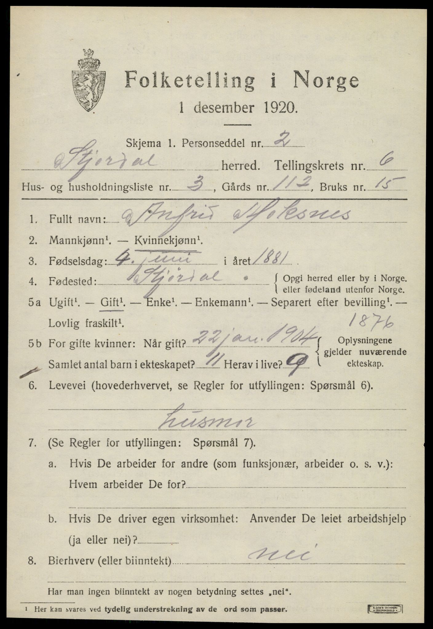 SAT, 1920 census for Stjørdal, 1920, p. 6654