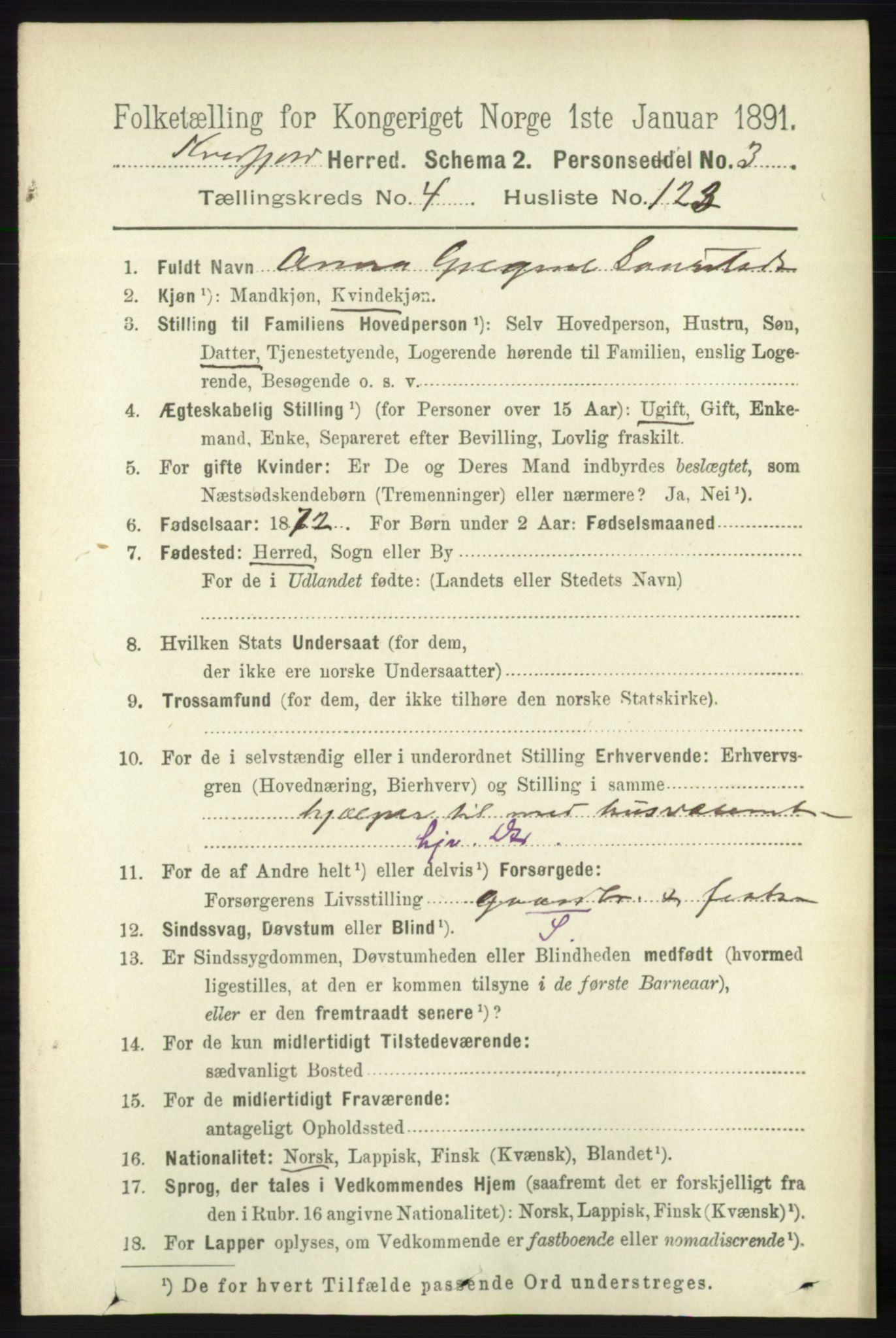 RA, 1891 census for 1911 Kvæfjord, 1891, p. 2671