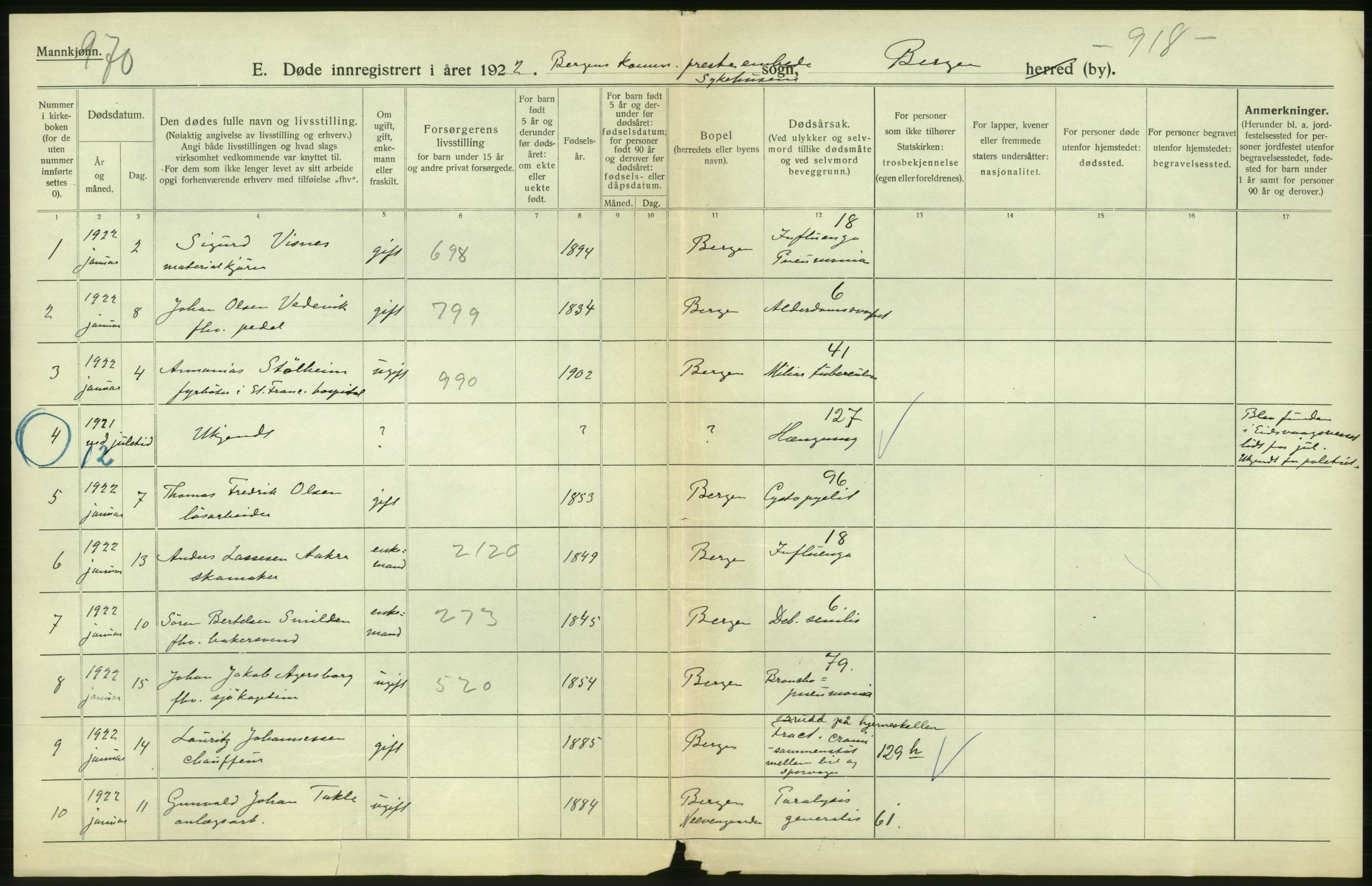 Statistisk sentralbyrå, Sosiodemografiske emner, Befolkning, AV/RA-S-2228/D/Df/Dfc/Dfcb/L0030: Bergen: Gifte, døde, dødfødte., 1922, p. 300