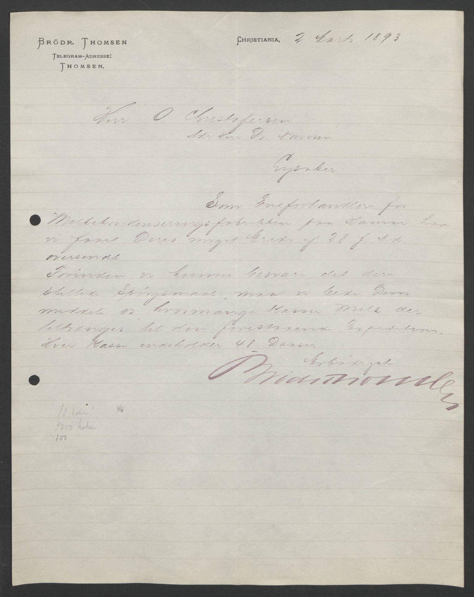 Arbeidskomitéen for Fridtjof Nansens polarekspedisjon, AV/RA-PA-0061/D/L0004: Innk. brev og telegrammer vedr. proviant og utrustning, 1892-1893, p. 557