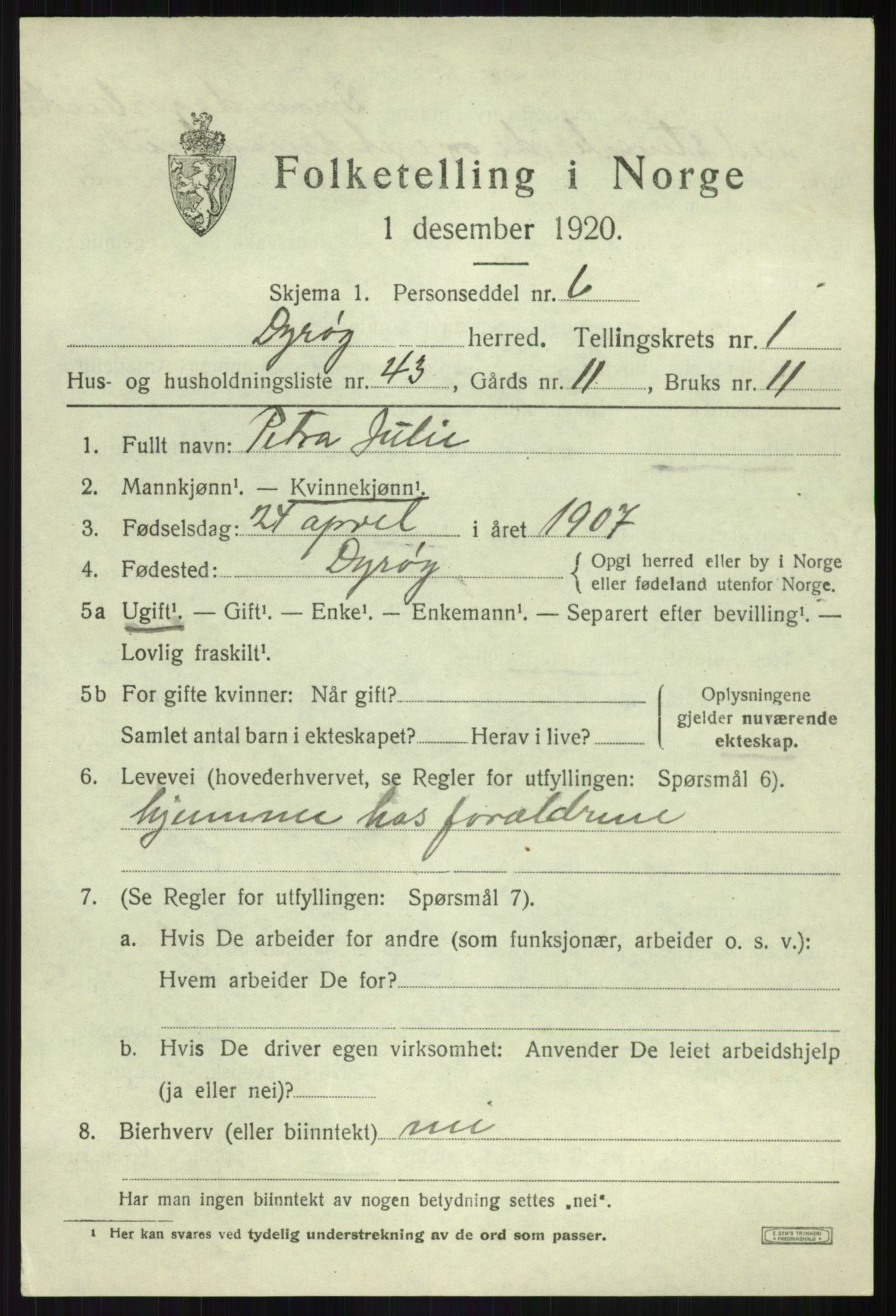 SATØ, 1920 census for Dyrøy, 1920, p. 1267